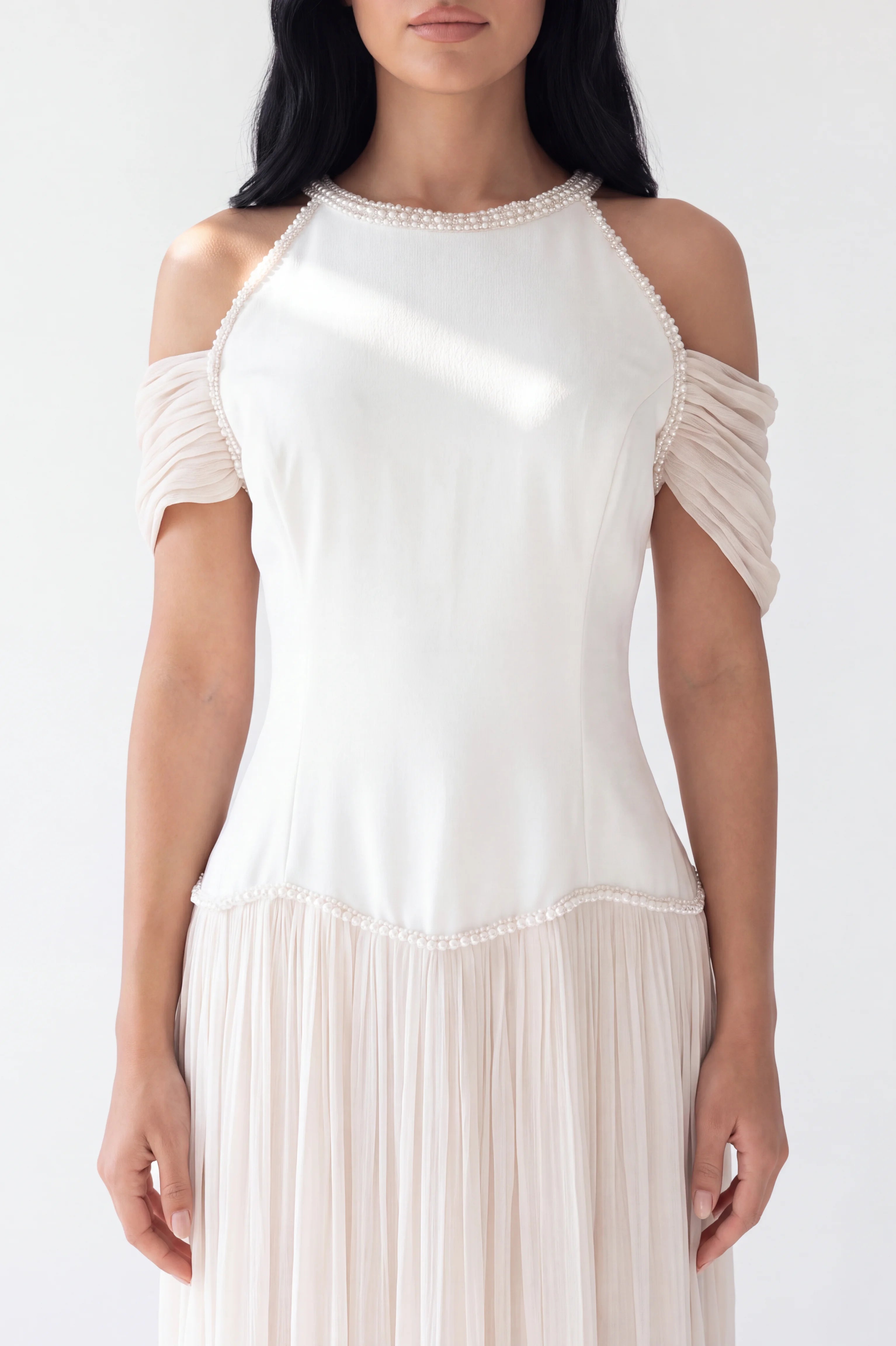 Cold Shoulder Beaded Neck Organza Dress
