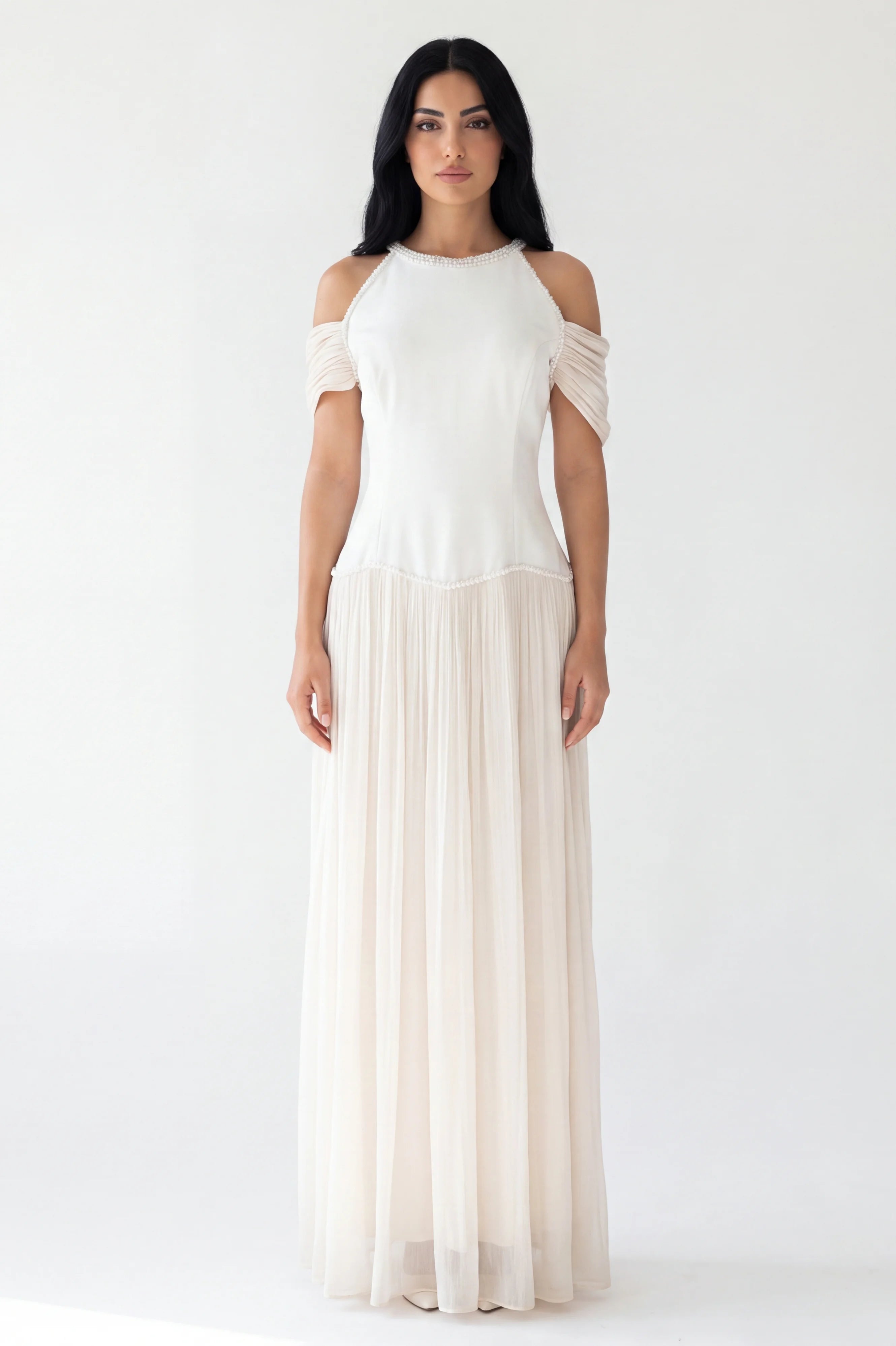 Cold Shoulder Beaded Neck Organza Dress