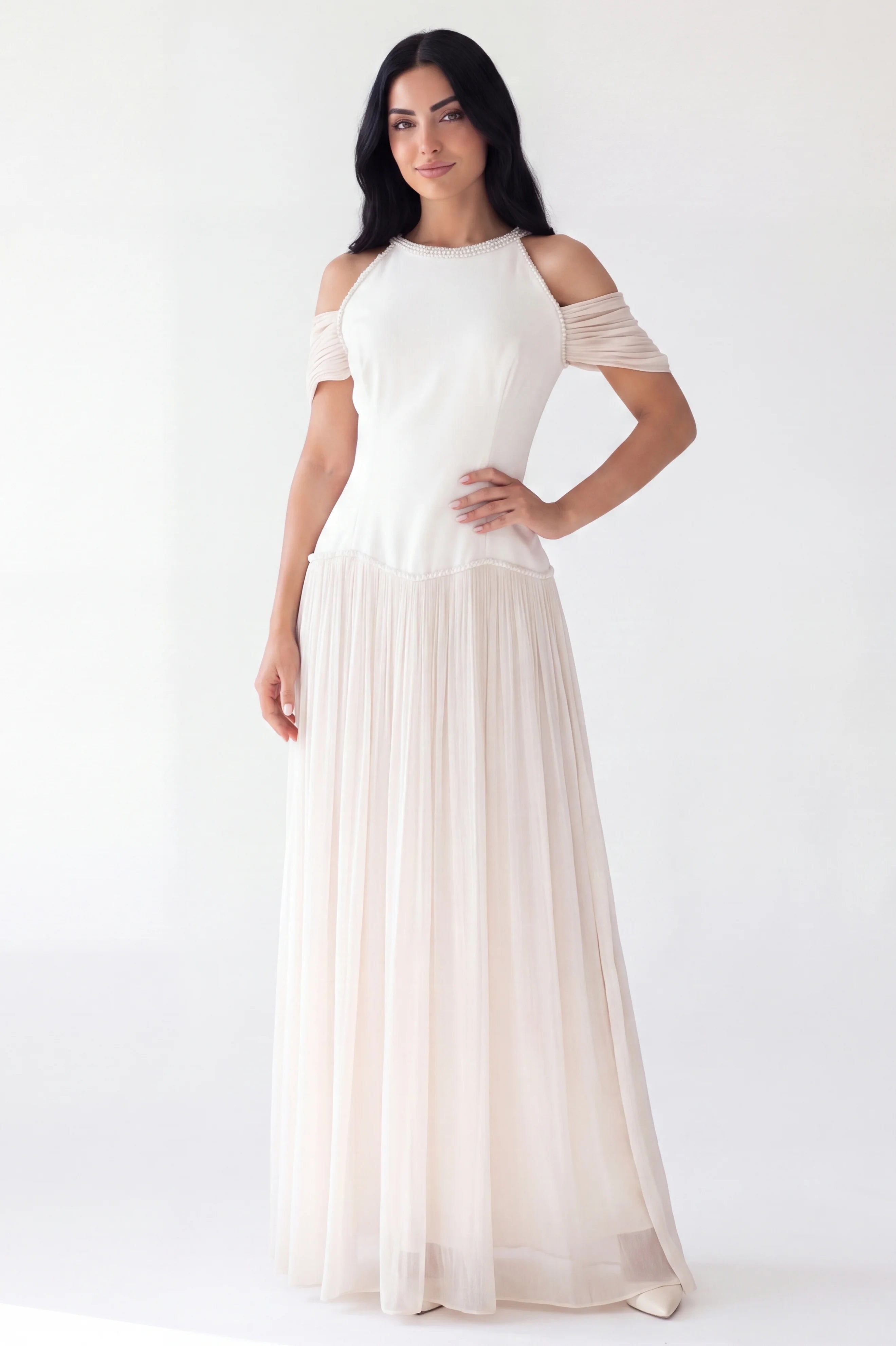 Cold Shoulder Beaded Neck Organza Dress