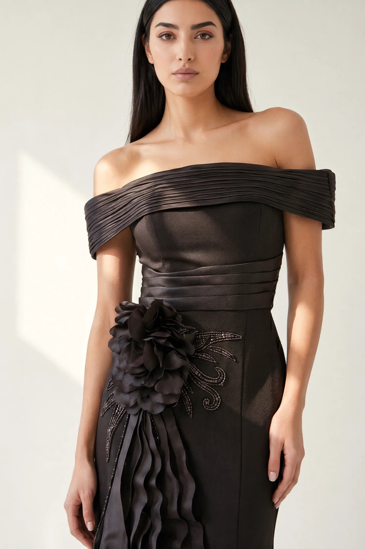 Off Shoulder Flower Detail Ruffle Crepe Dress