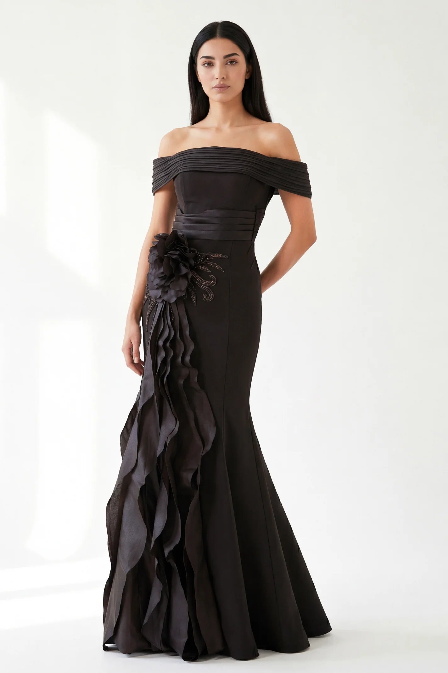 Off Shoulder Flower Detail Ruffle Crepe Dress