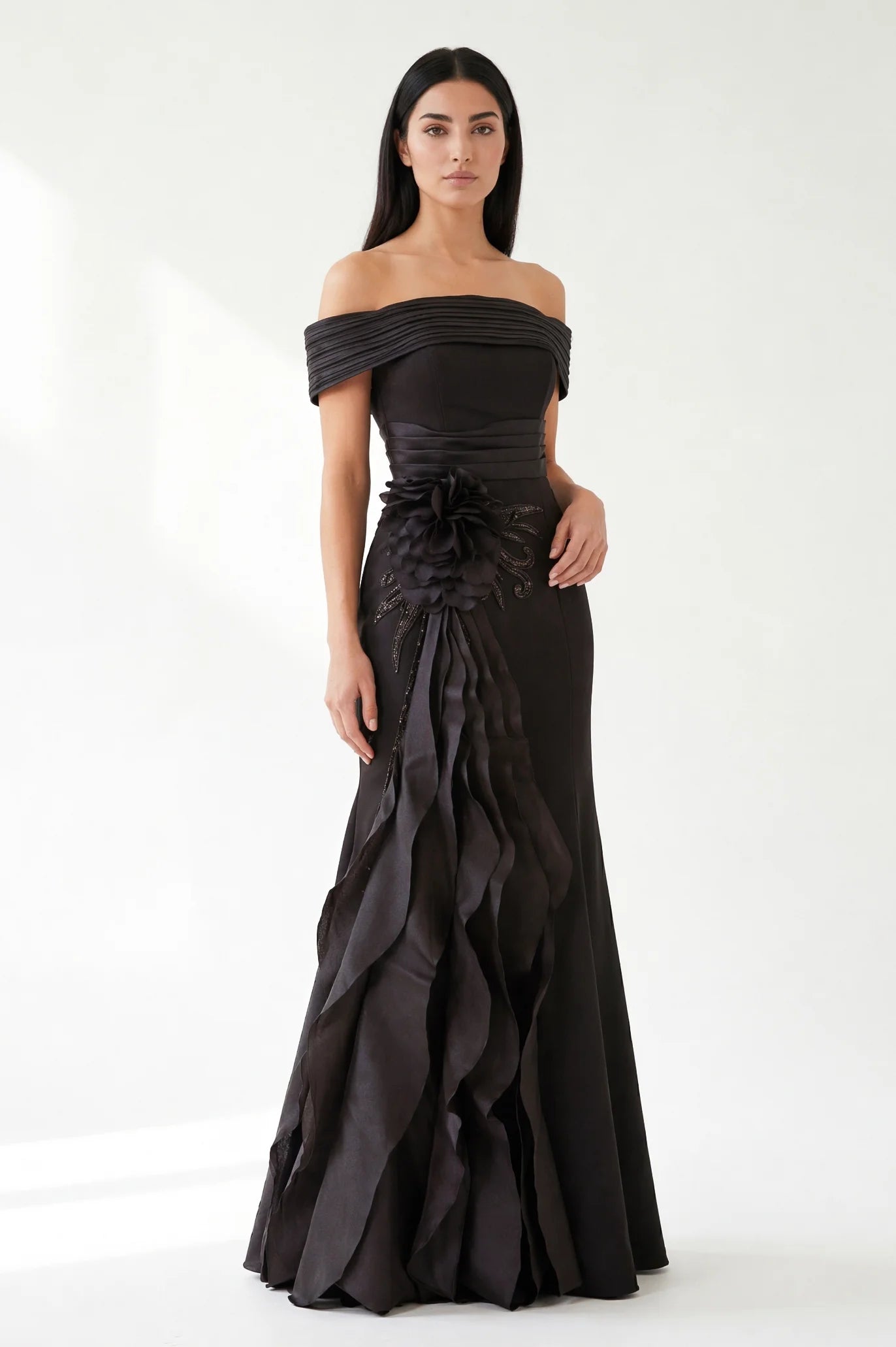 Off Shoulder Flower Detail Ruffle Crepe Dress