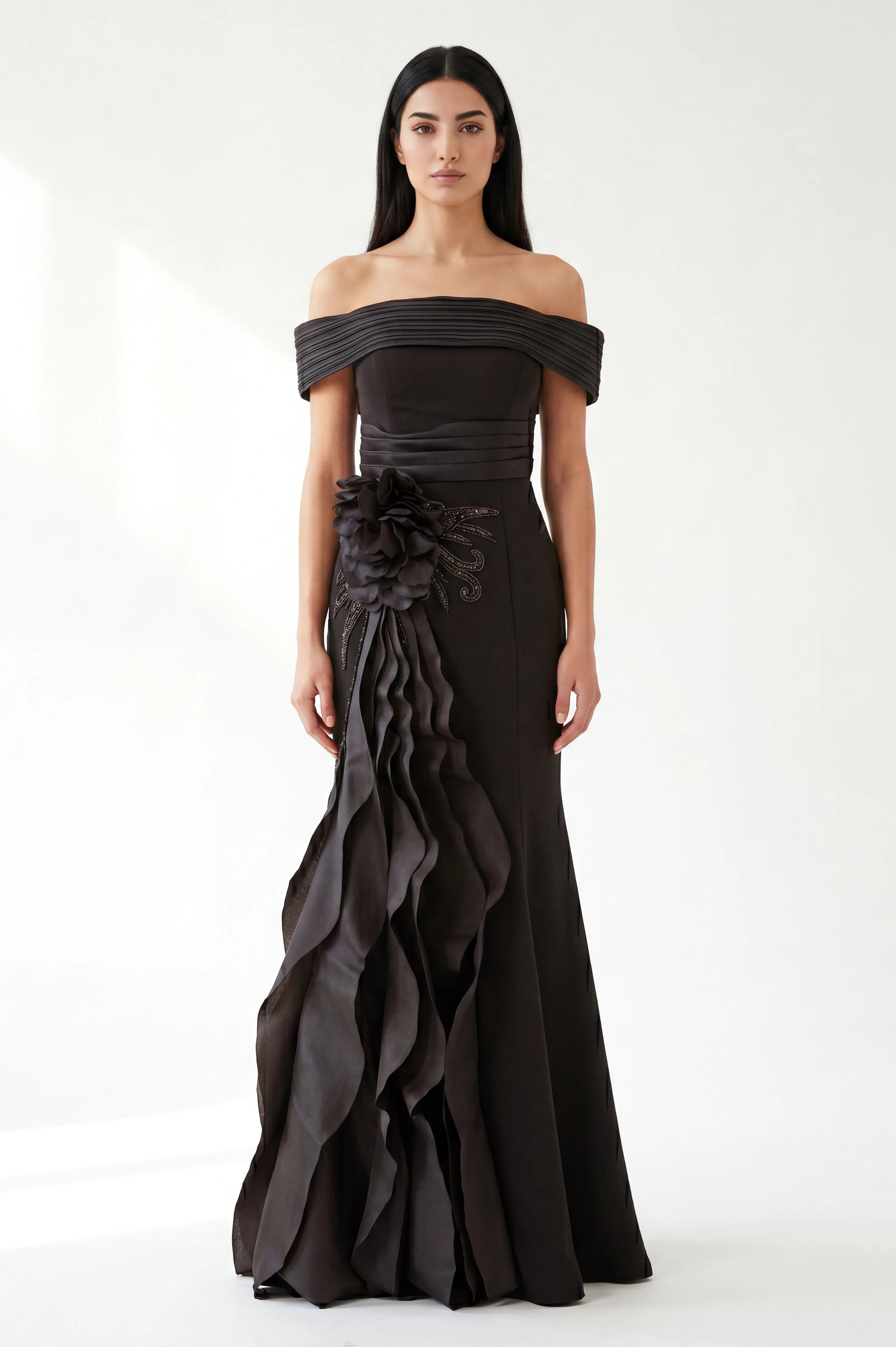 Off Shoulder Flower Detail Ruffle Crepe Dress