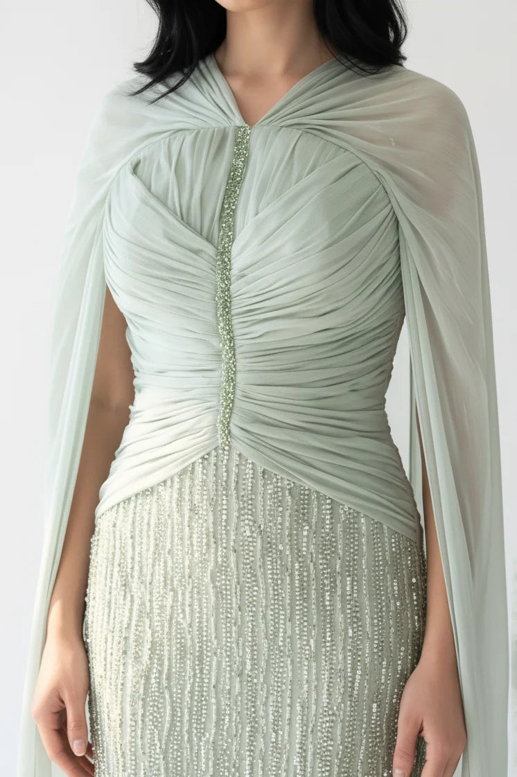 Off Shoulder Pleated Bust Sequin Organza Dress