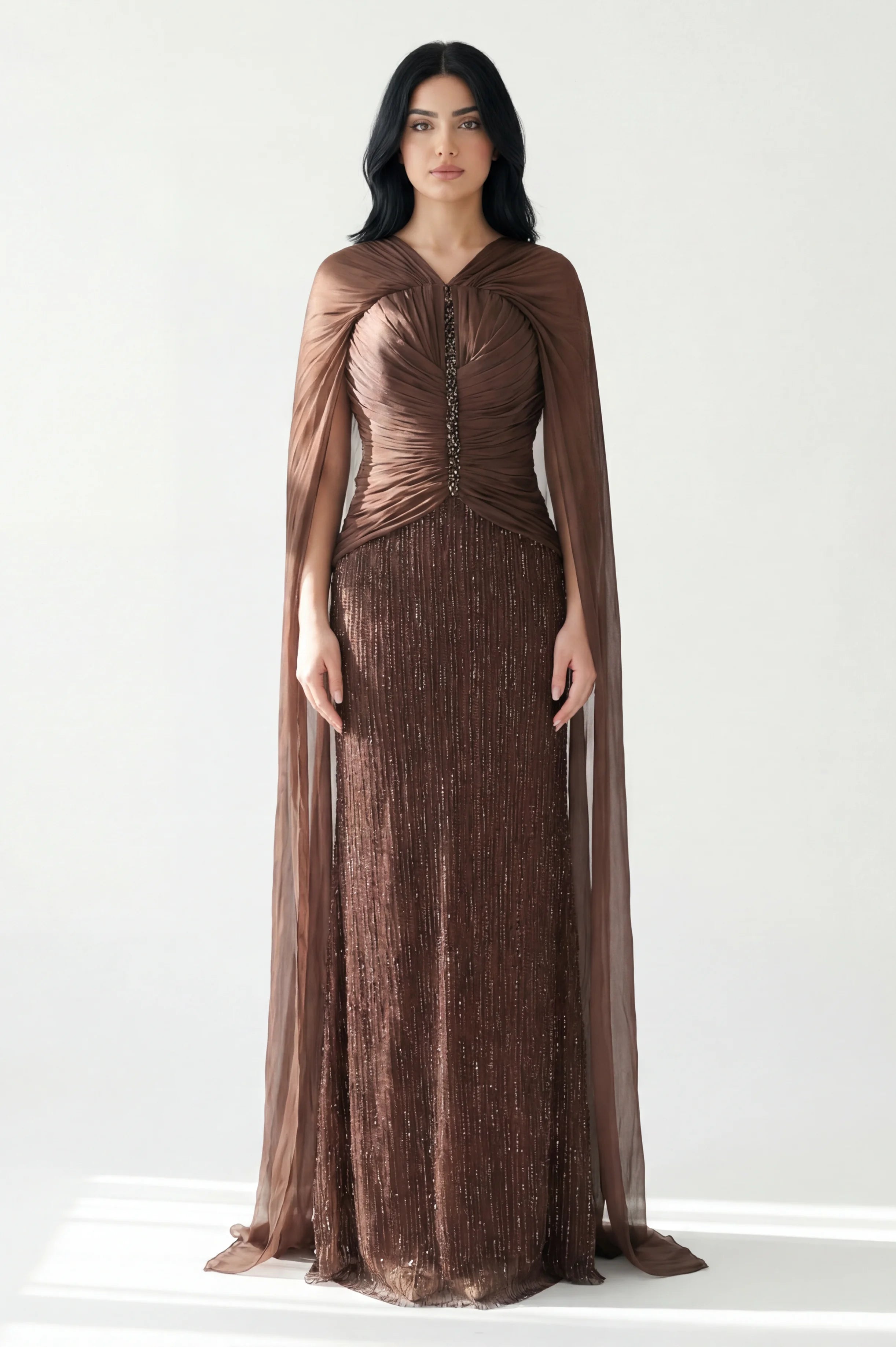 Off Shoulder Pleated Bust Sequin Organza Dress