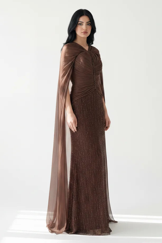 Off Shoulder Pleated Bust Sequin Organza Dress