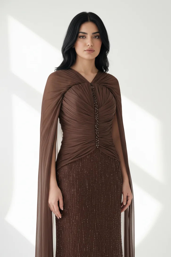 Off Shoulder Pleated Bust Sequin Organza Dress
