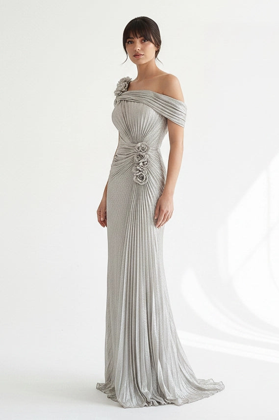 Off Shoulder Rose Detail Lame Dress