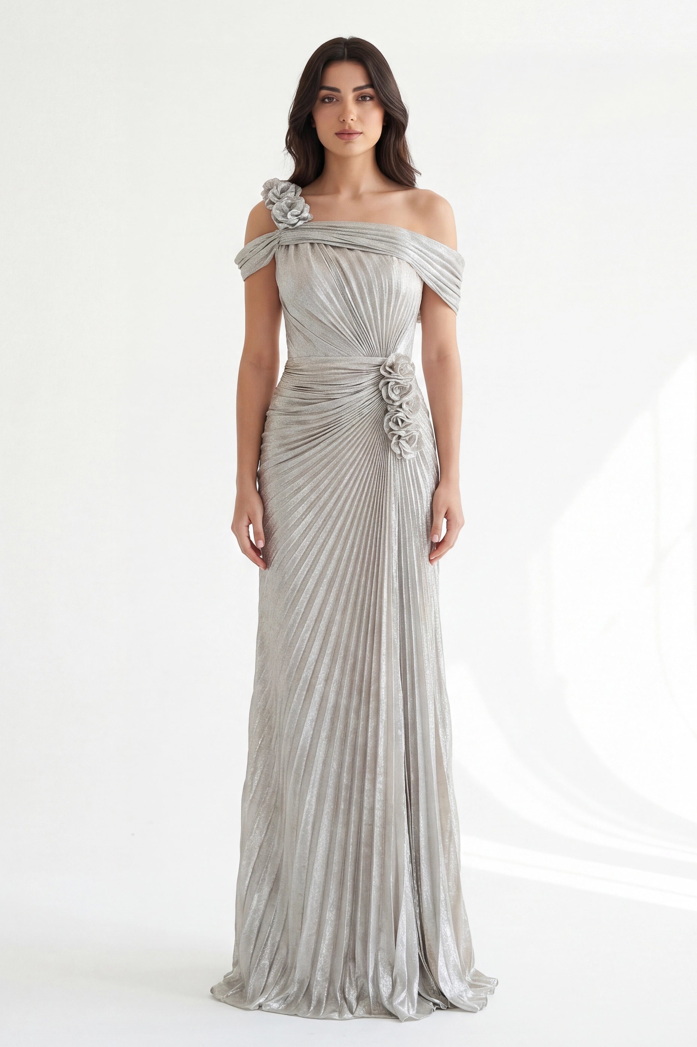 Off Shoulder Rose Detail Lame Dress