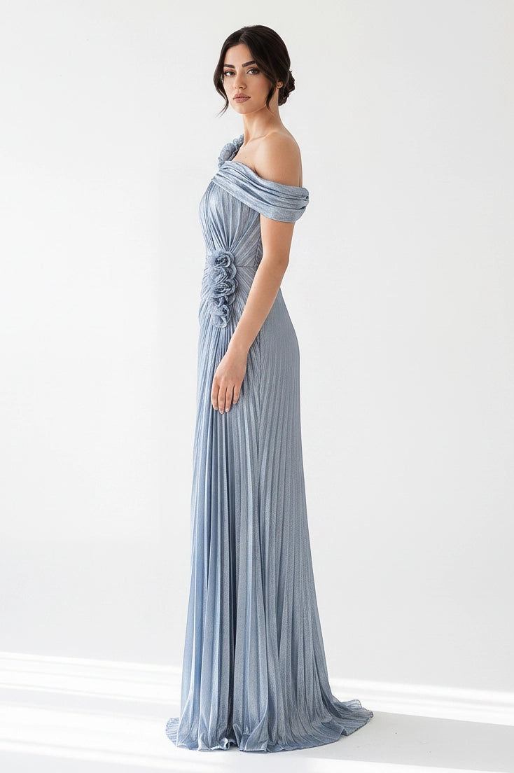 Off Shoulder Rose Detail Lame Dress