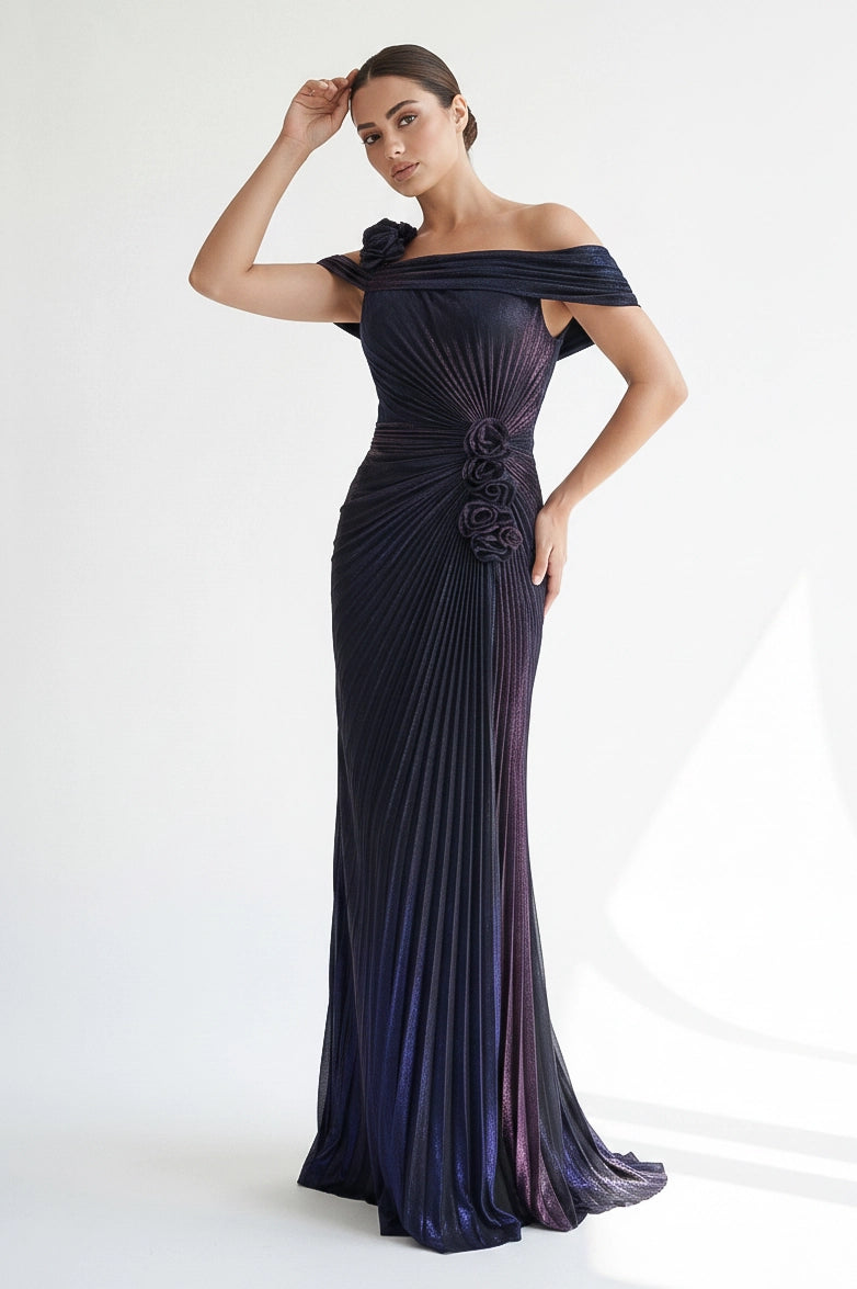 Off Shoulder Rose Detail Lame Dress