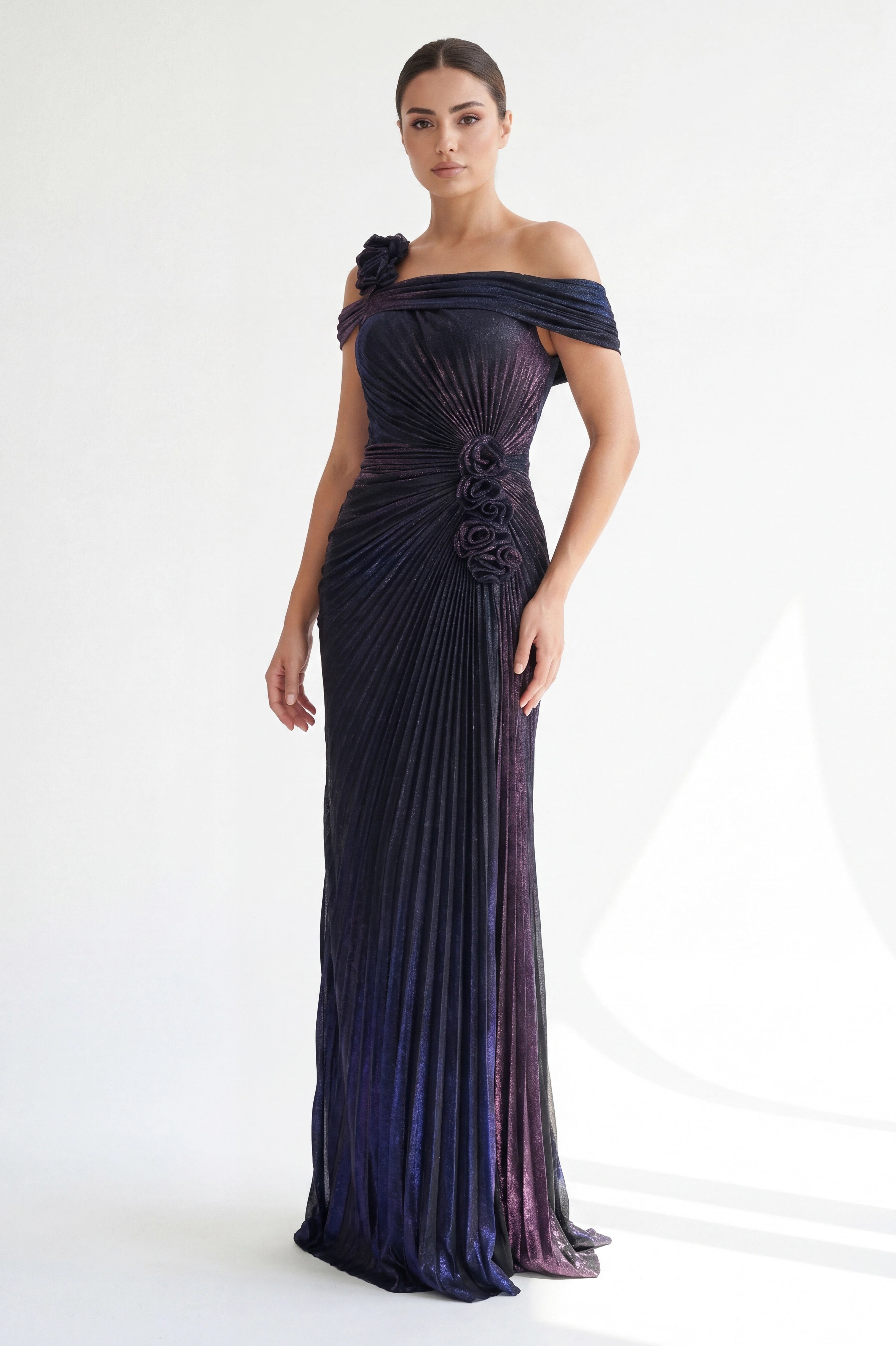Off Shoulder Rose Detail Lame Dress