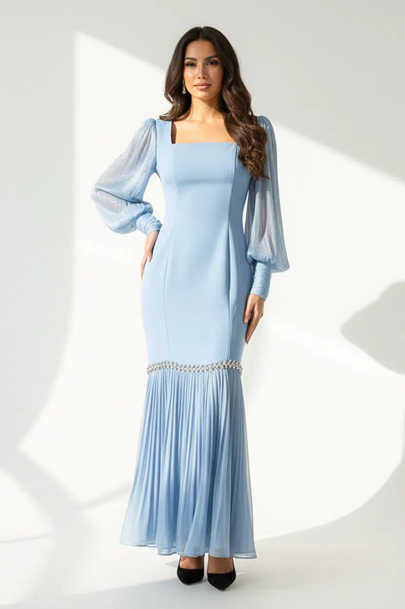 Square Neck Pleated Skirt Organza Dress