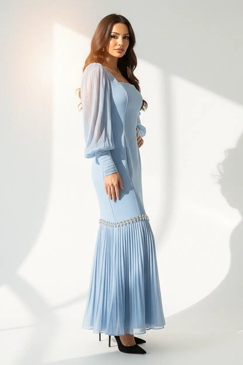 Square Neck Pleated Skirt Organza Dress
