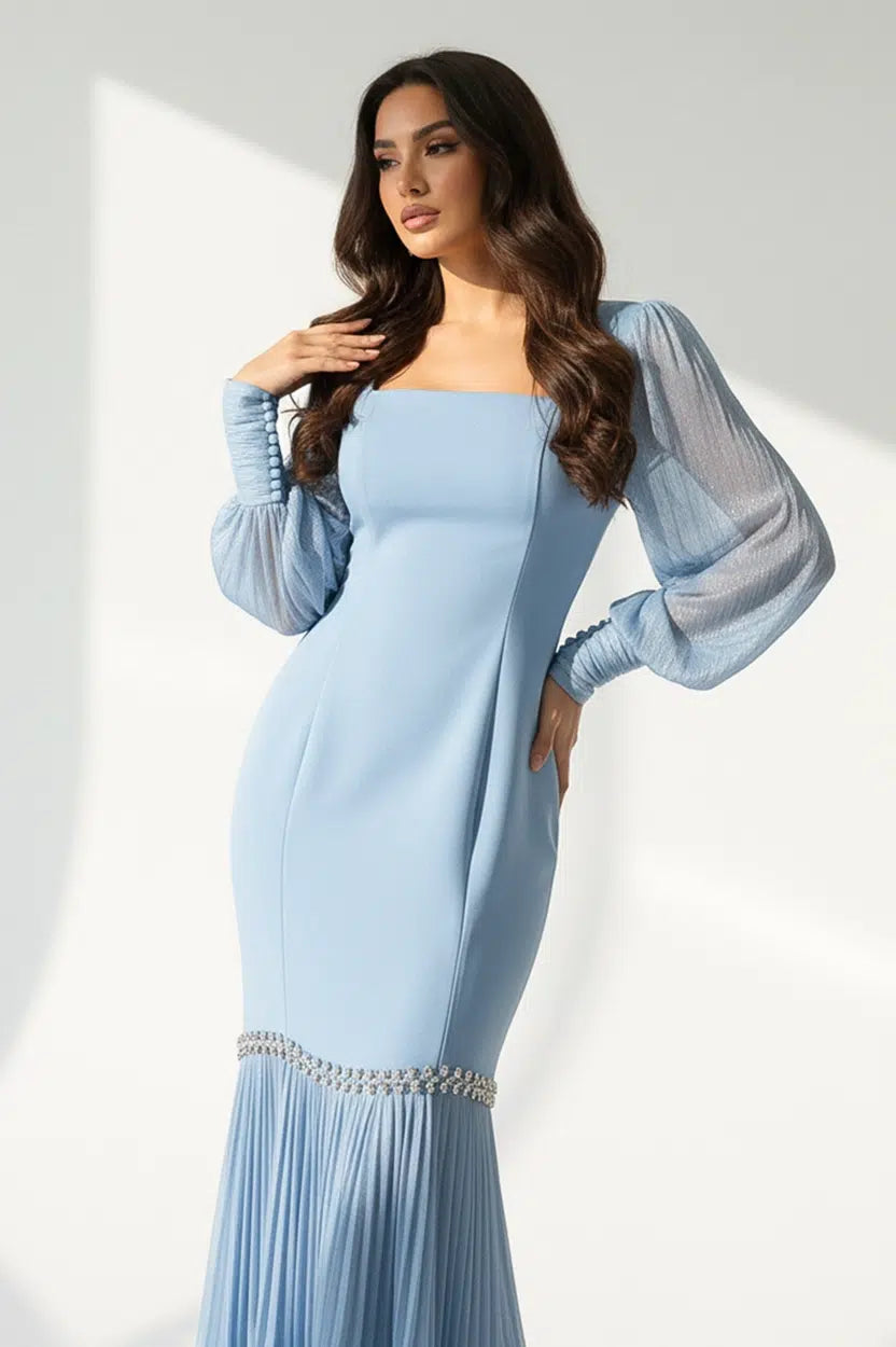 Square Neck Pleated Skirt Organza Dress