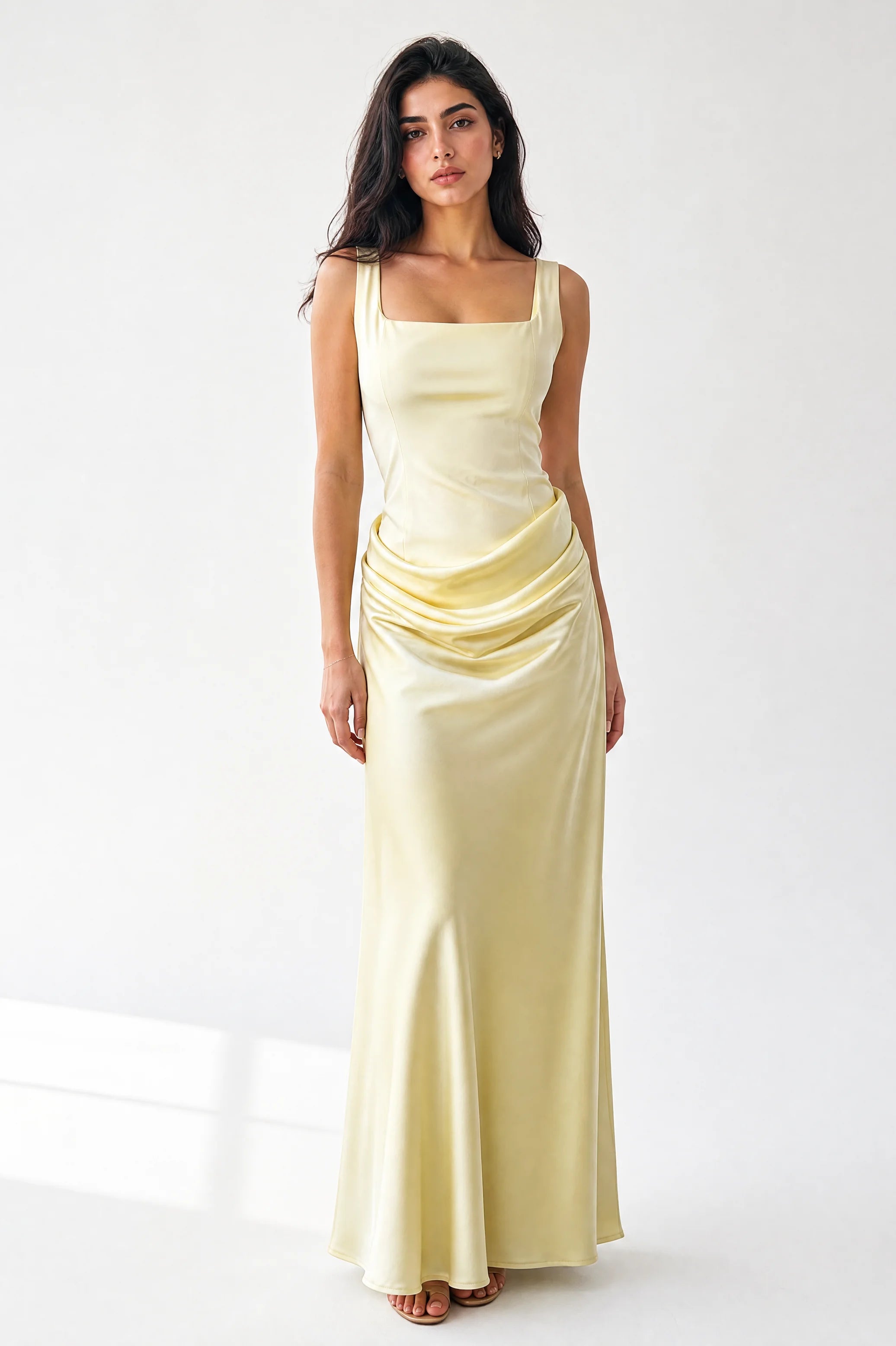Square Neck-Line Draped Waist Crepe Dress