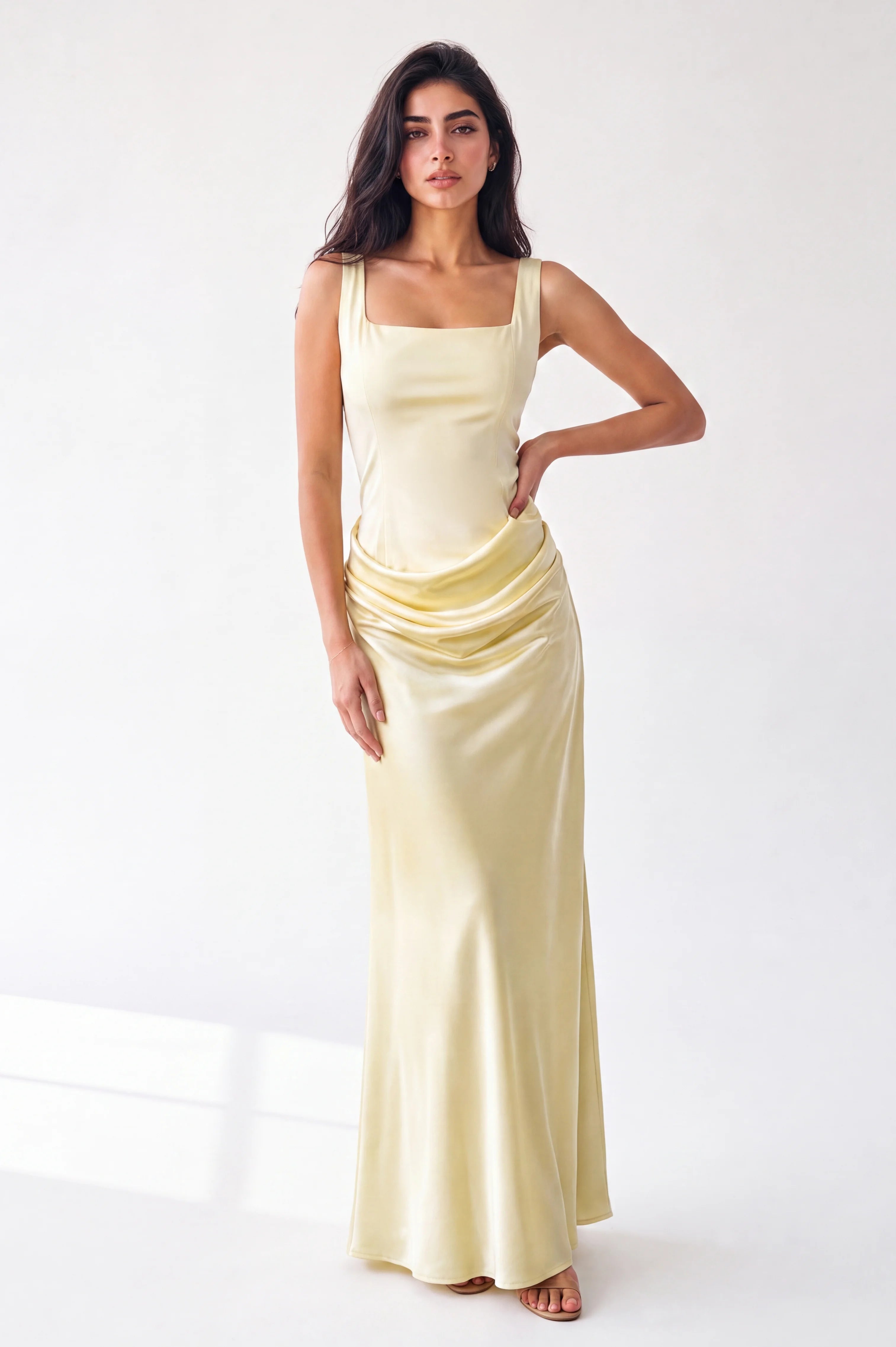 Square Neck-Line Draped Waist Crepe Dress