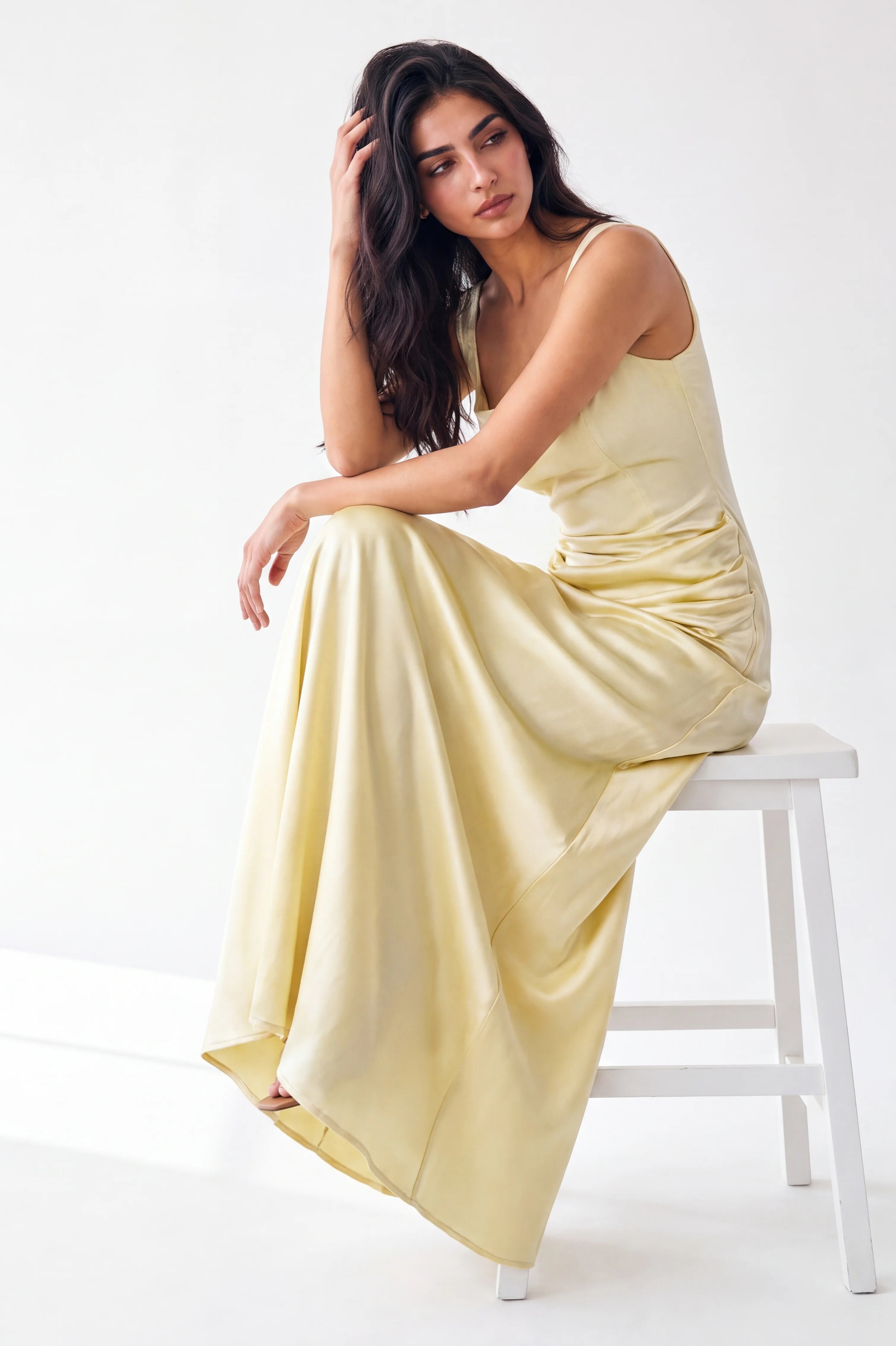 Square Neck-Line Draped Waist Crepe Dress