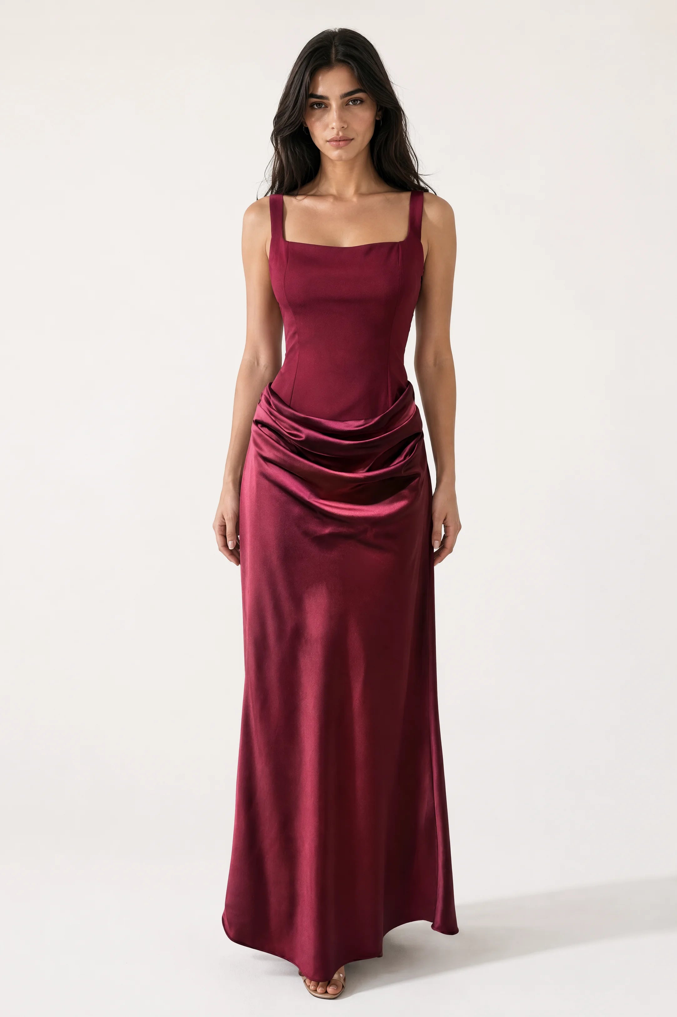 Square Neck-Line Draped Waist Crepe Dress