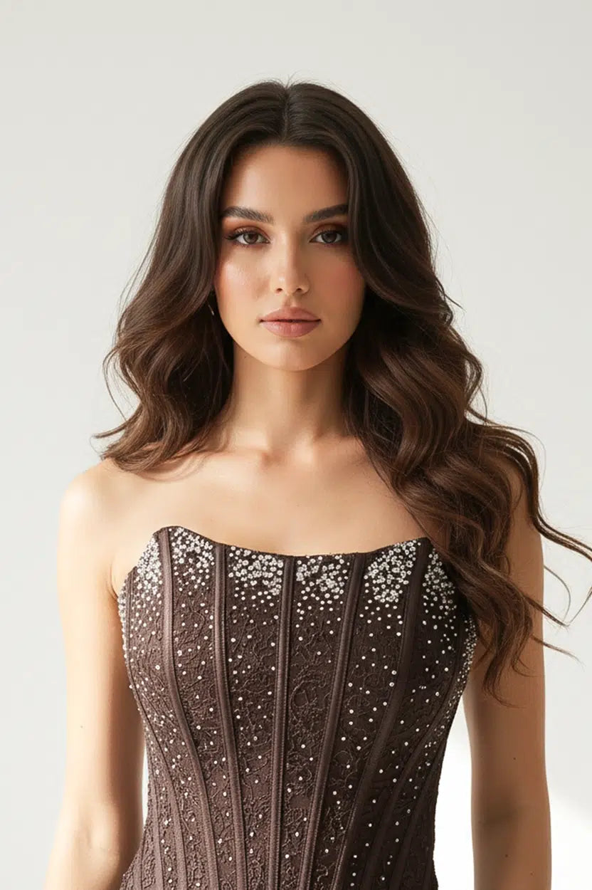 Stone Details Dantel Corset Dress