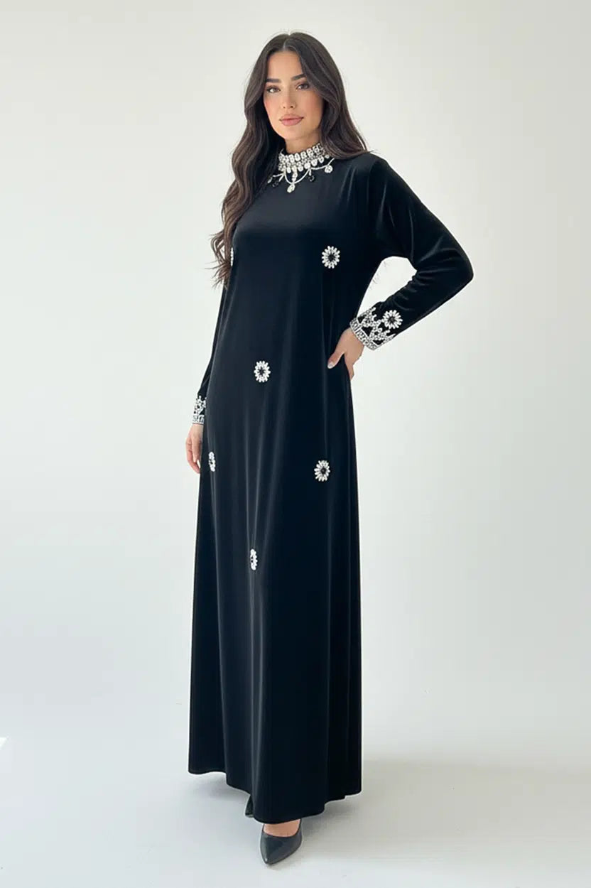 Stones Details Velvet Jalabiya