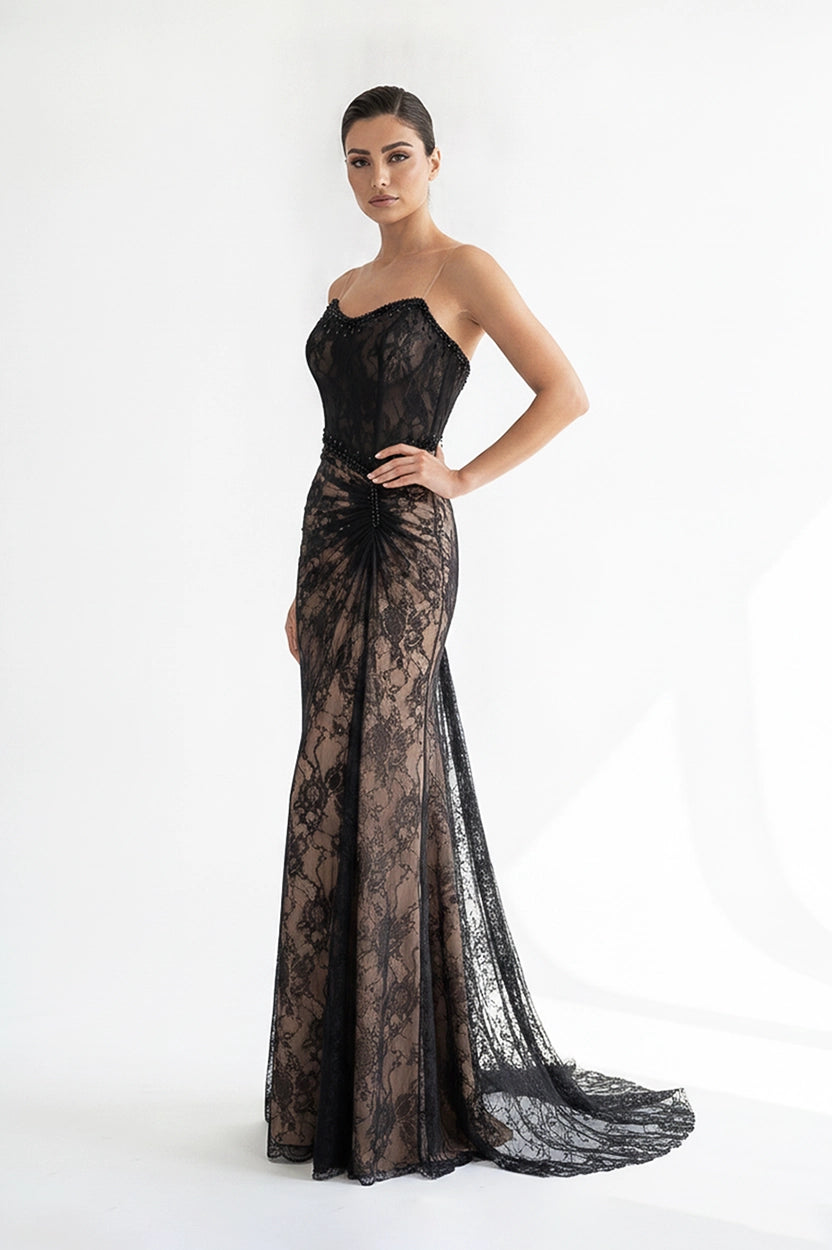 Strapless Detailed Beaded Laced Dantel Dress