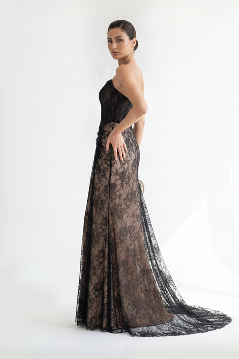 Strapless Detailed Beaded Laced Dantel Dress