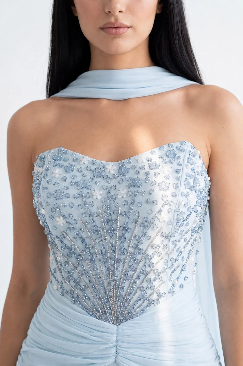Beaded Strapless Gathered Waist Tulle Dress
