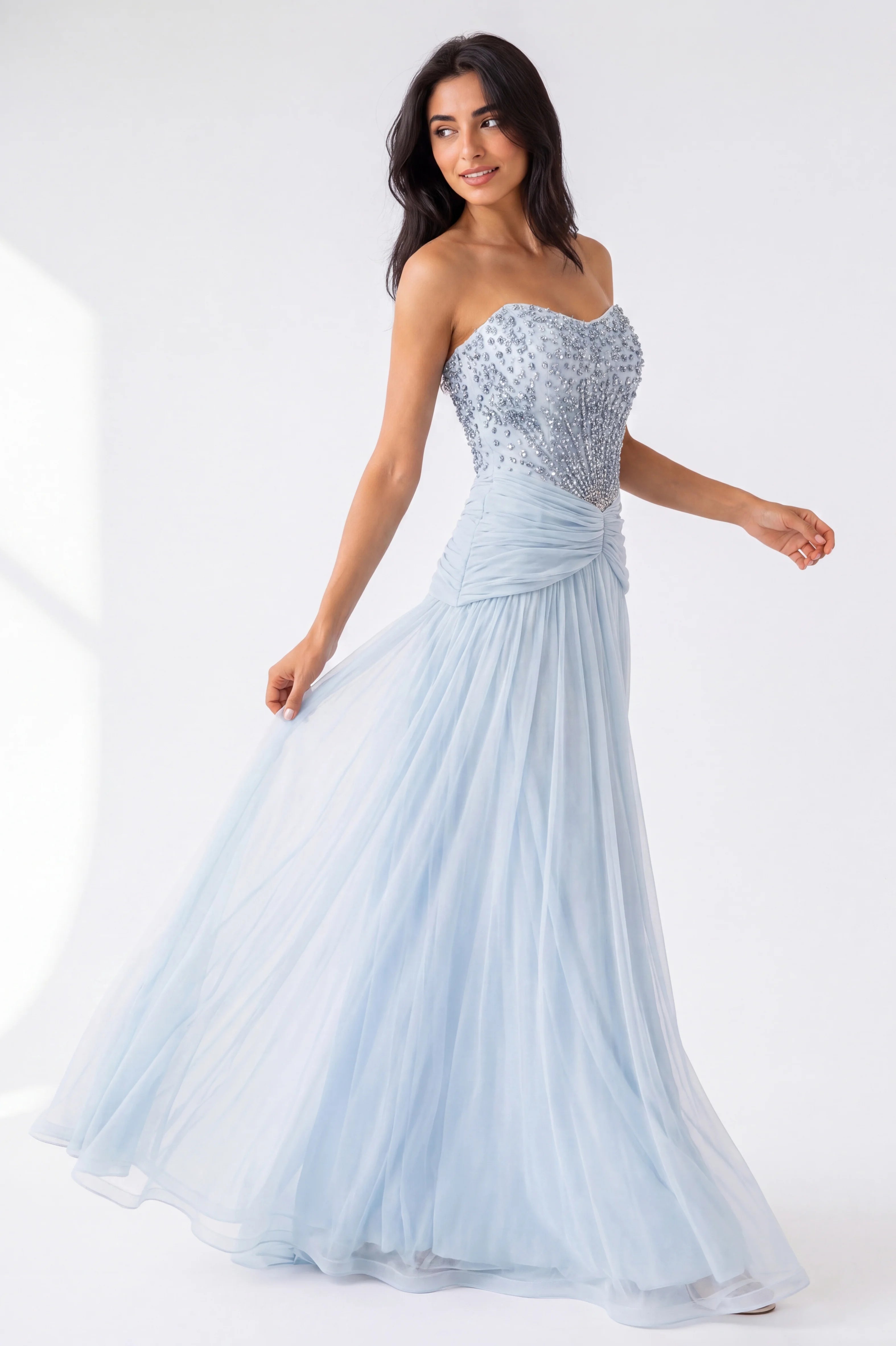 Beaded Strapless Gathered Waist Tulle Dress