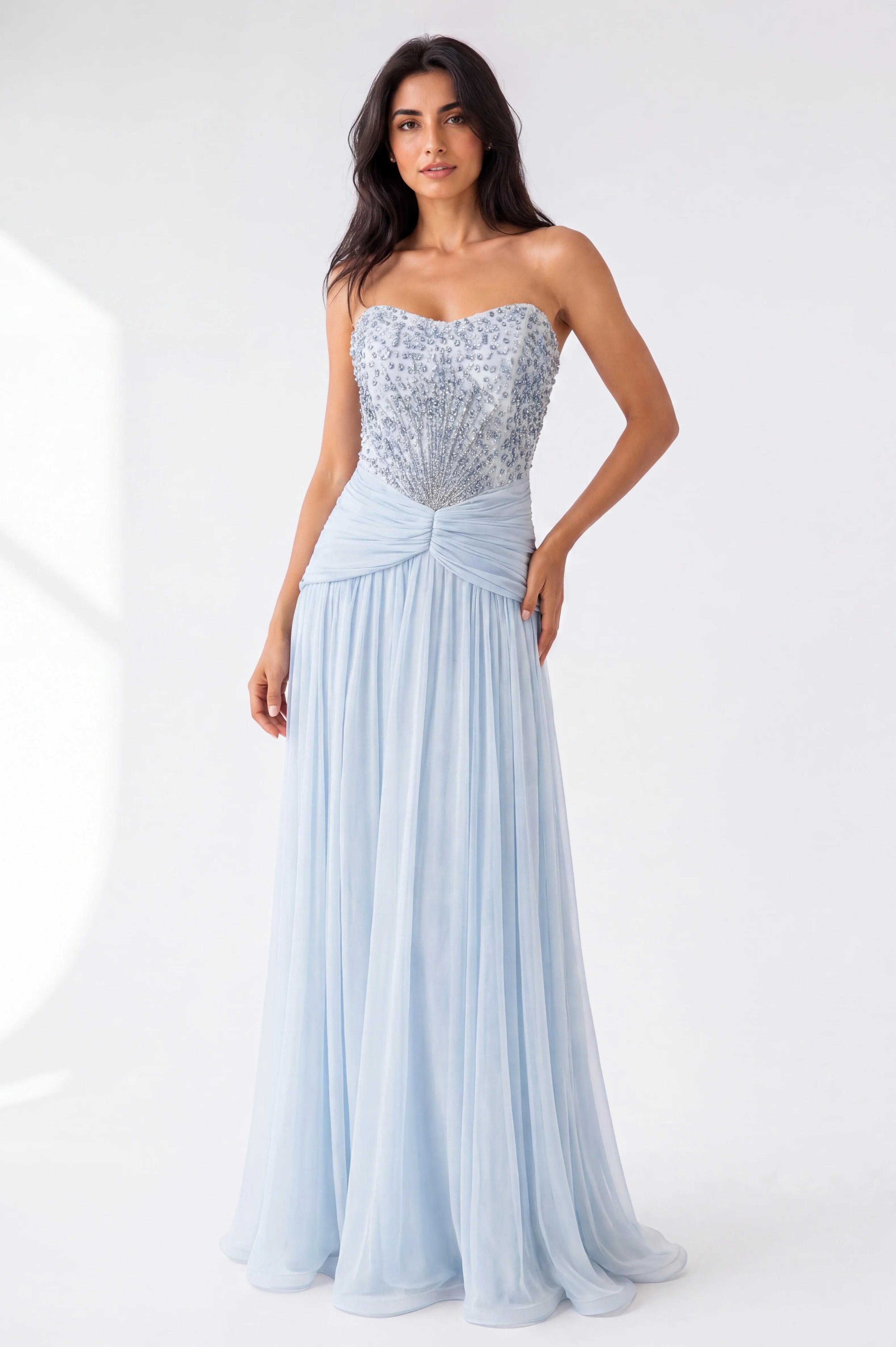 Beaded Strapless Gathered Waist Tulle Dress