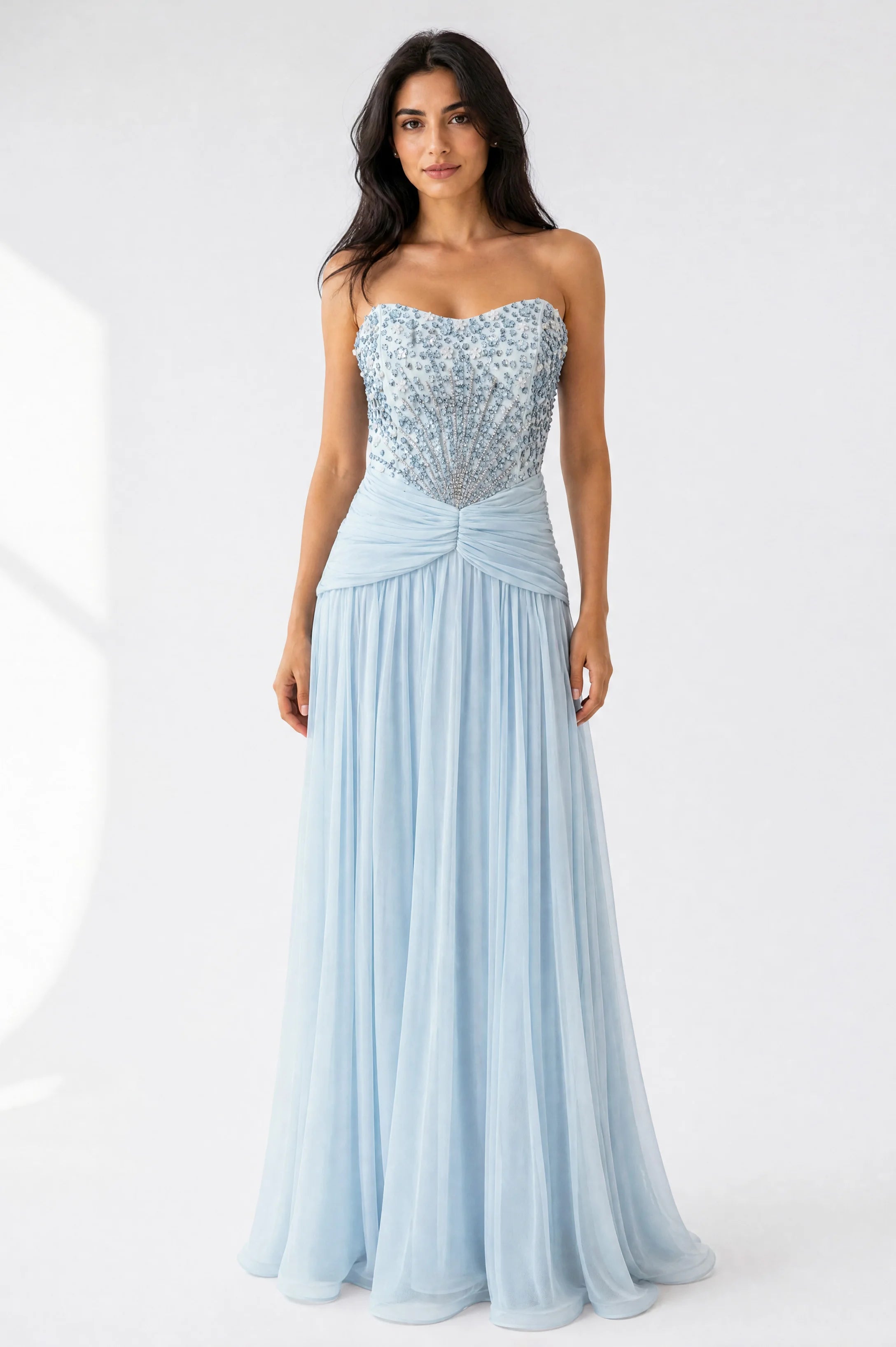 Beaded Strapless Gathered Waist Tulle Dress