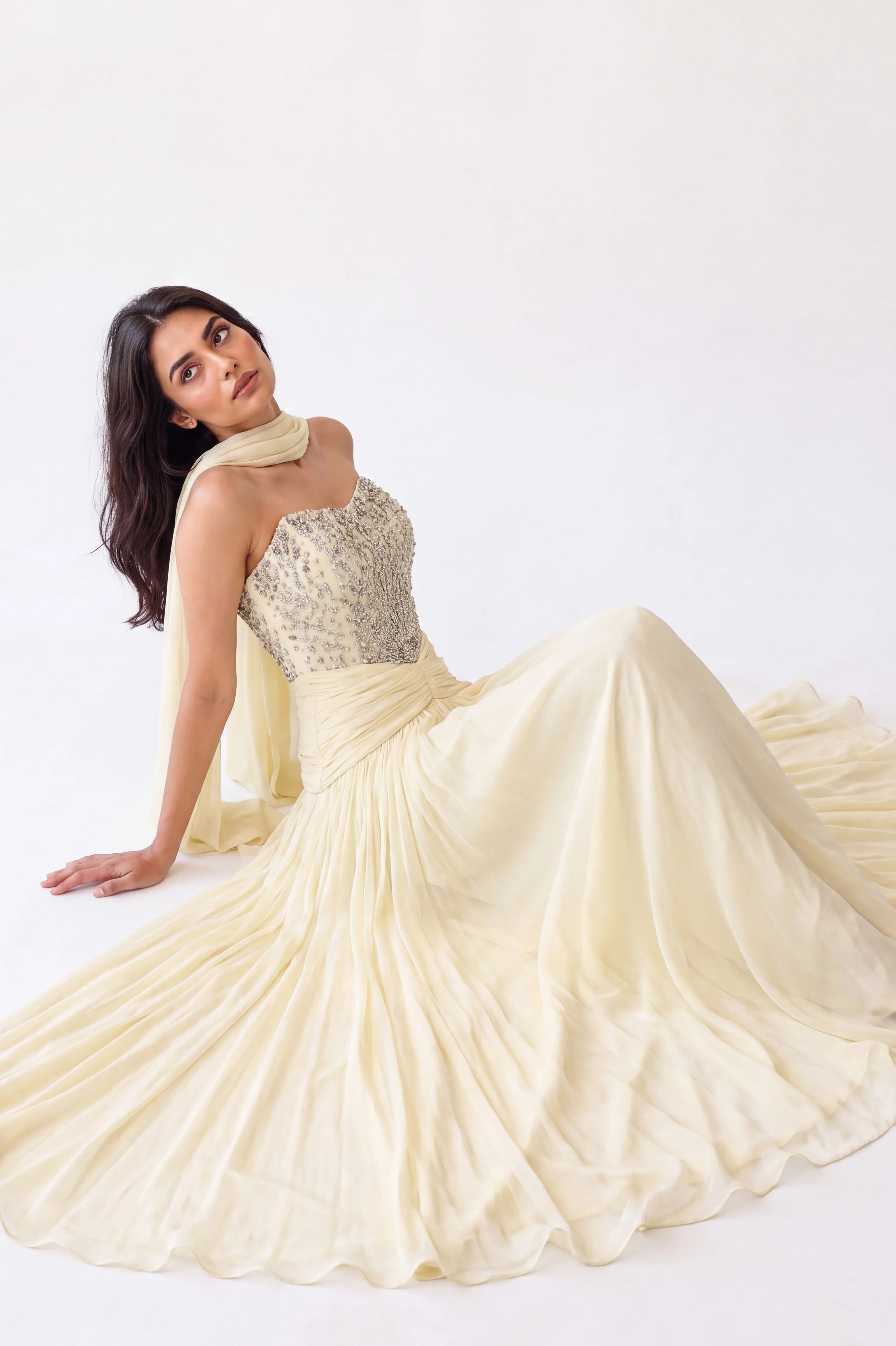 Beaded Strapless Gathered Waist Tulle Dress