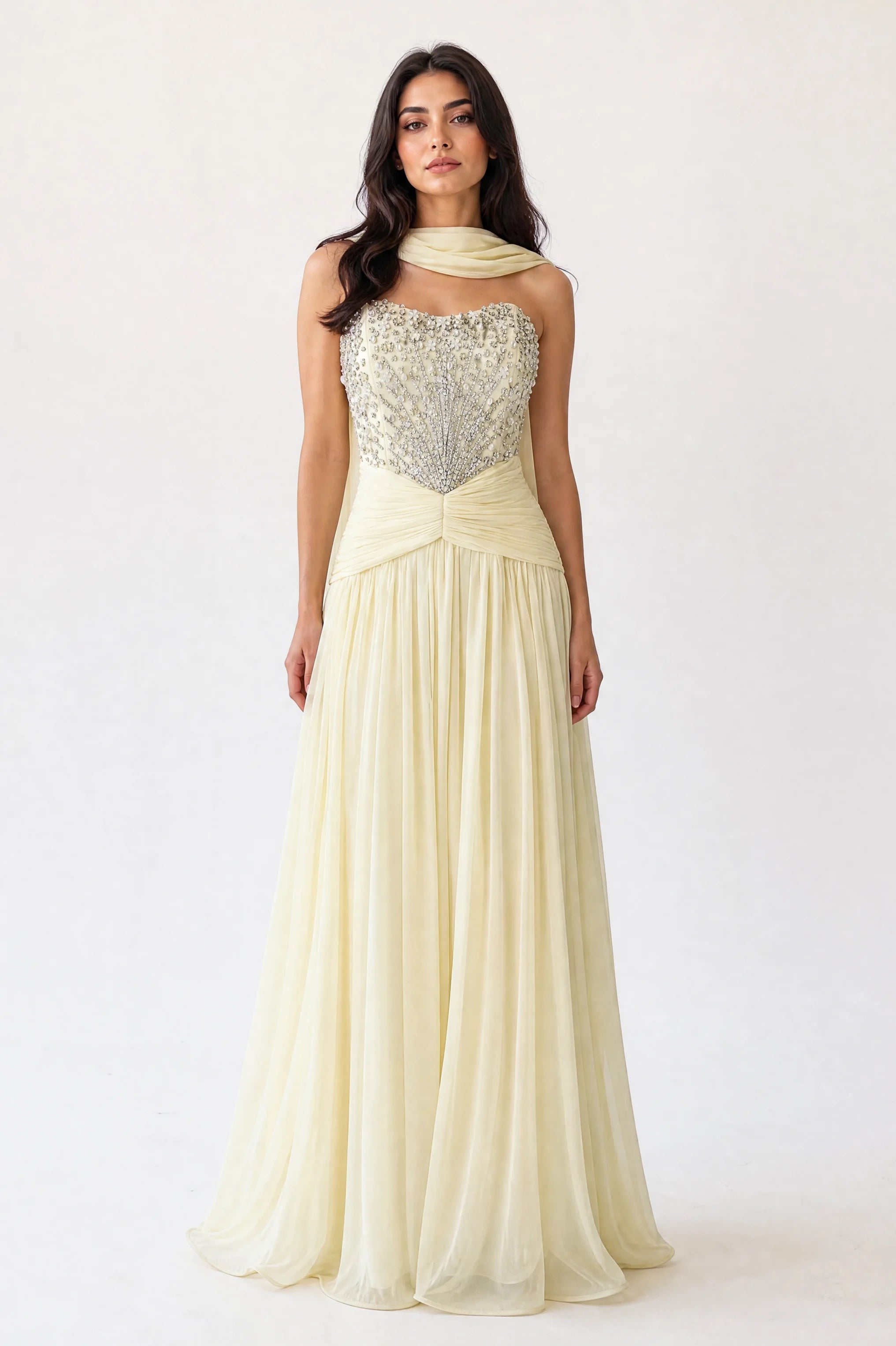 Beaded Strapless Gathered Waist Tulle Dress