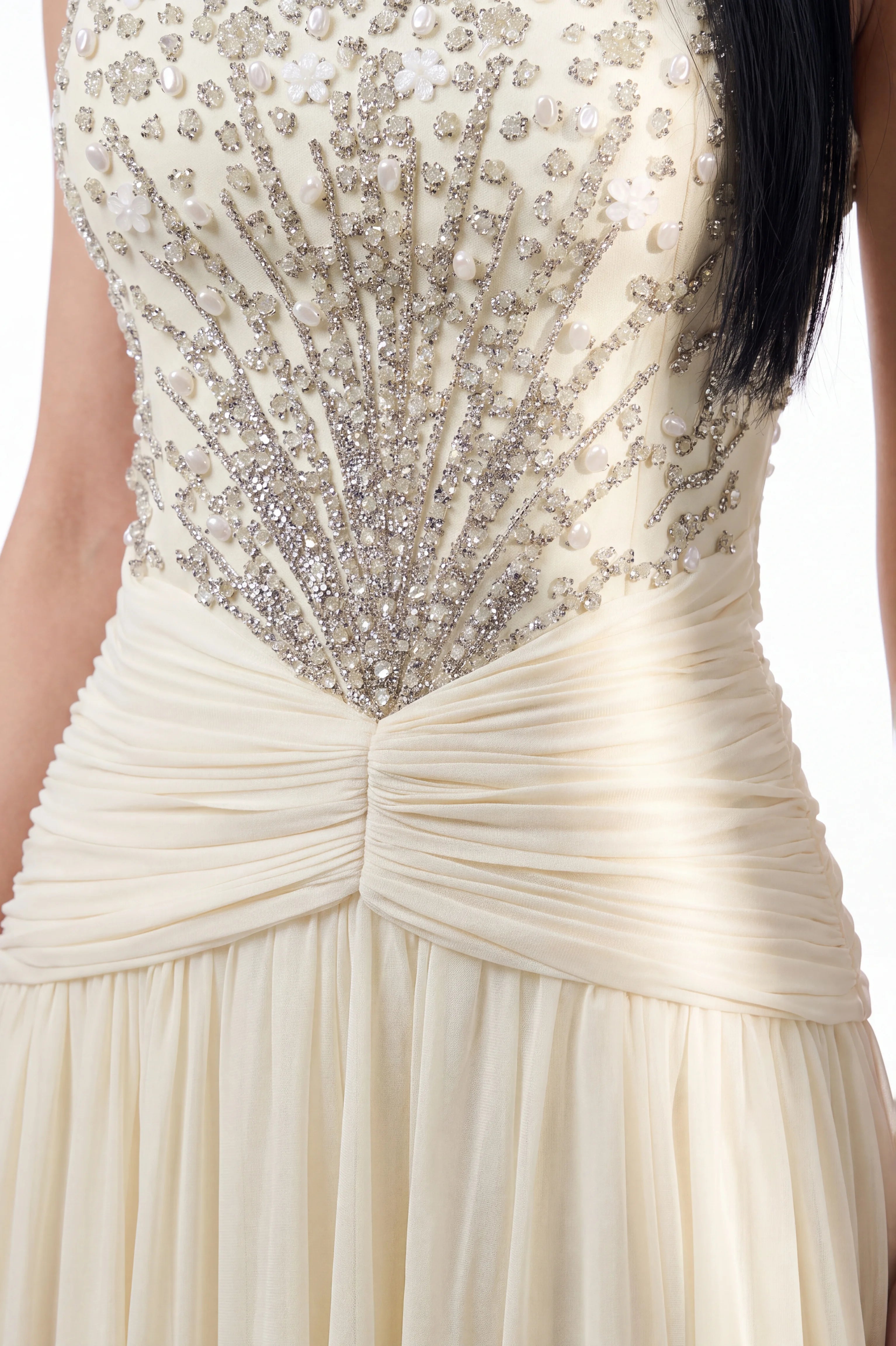 Beaded Strapless Gathered Waist Tulle Dress