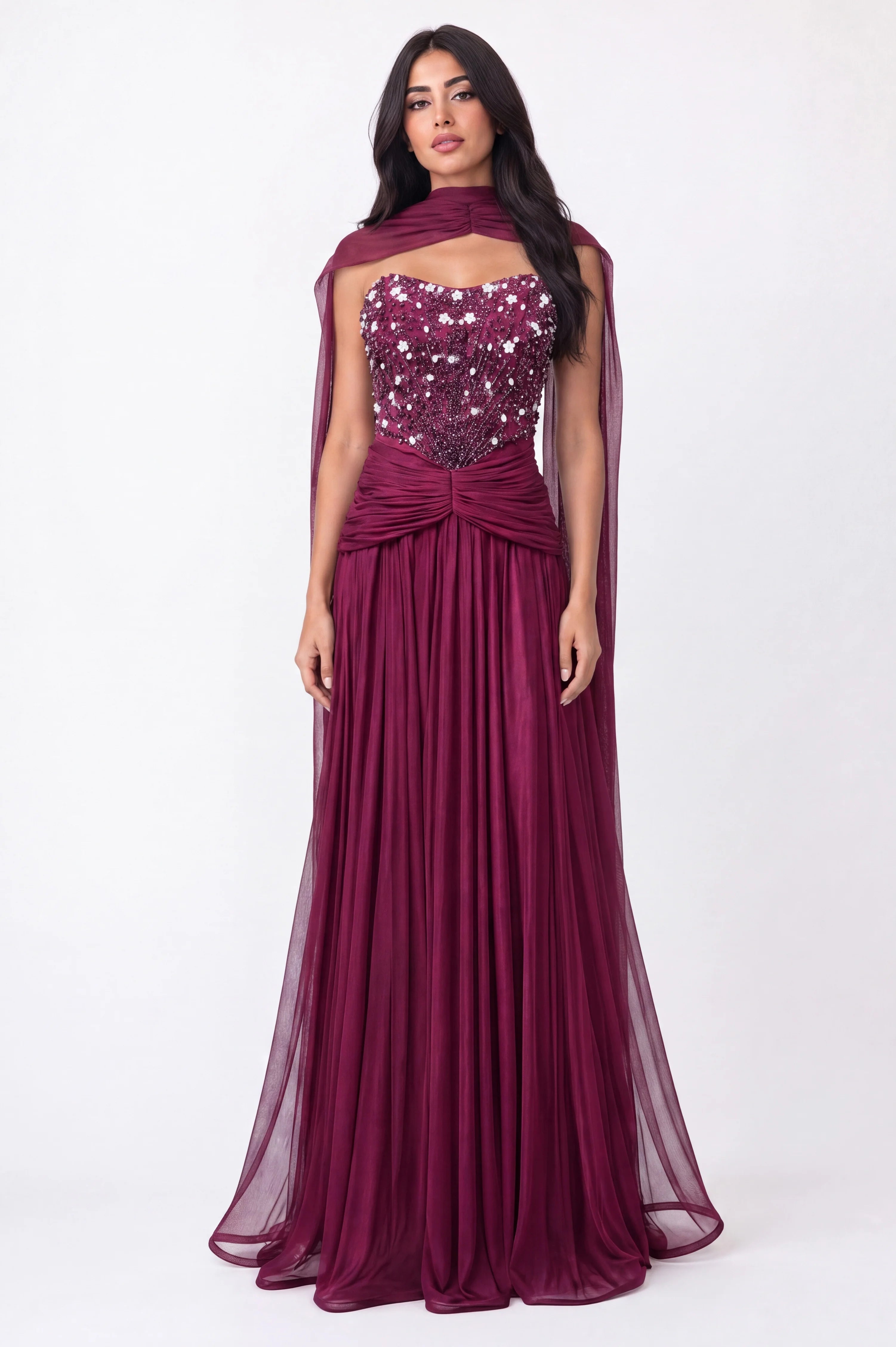Beaded Strapless Gathered Waist Tulle Dress