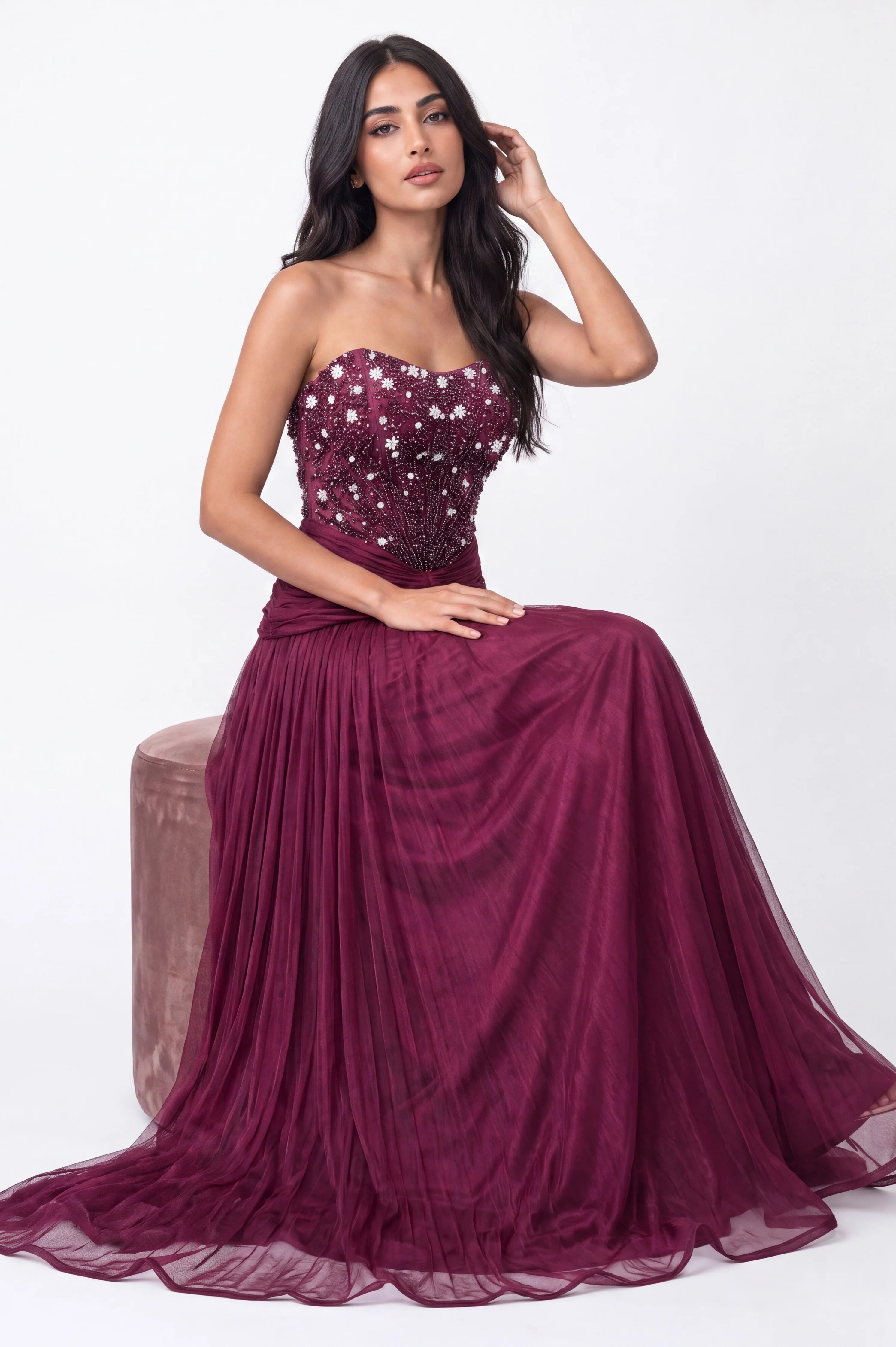 Beaded Strapless Gathered Waist Tulle Dress