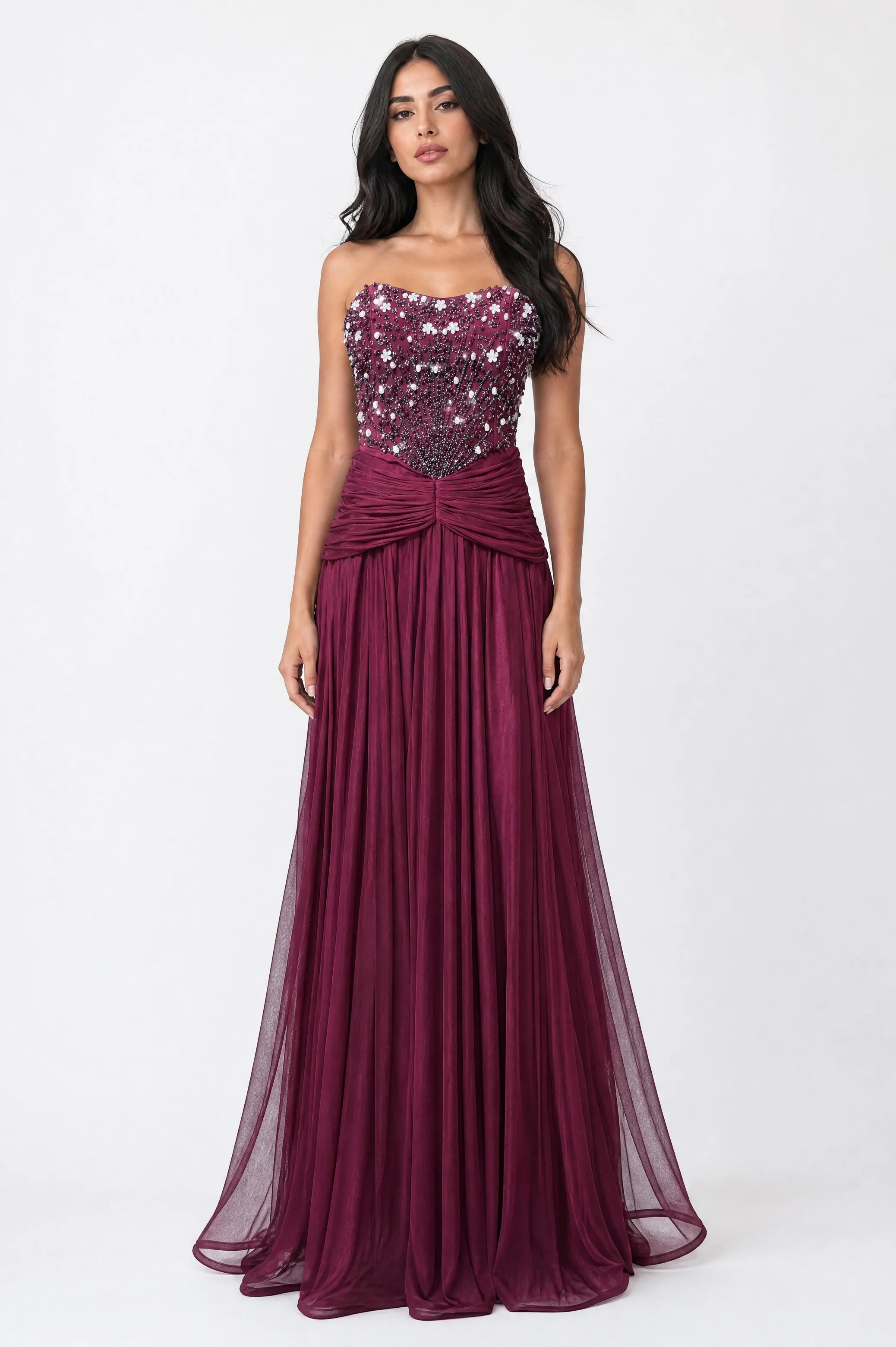 Beaded Strapless Gathered Waist Tulle Dress