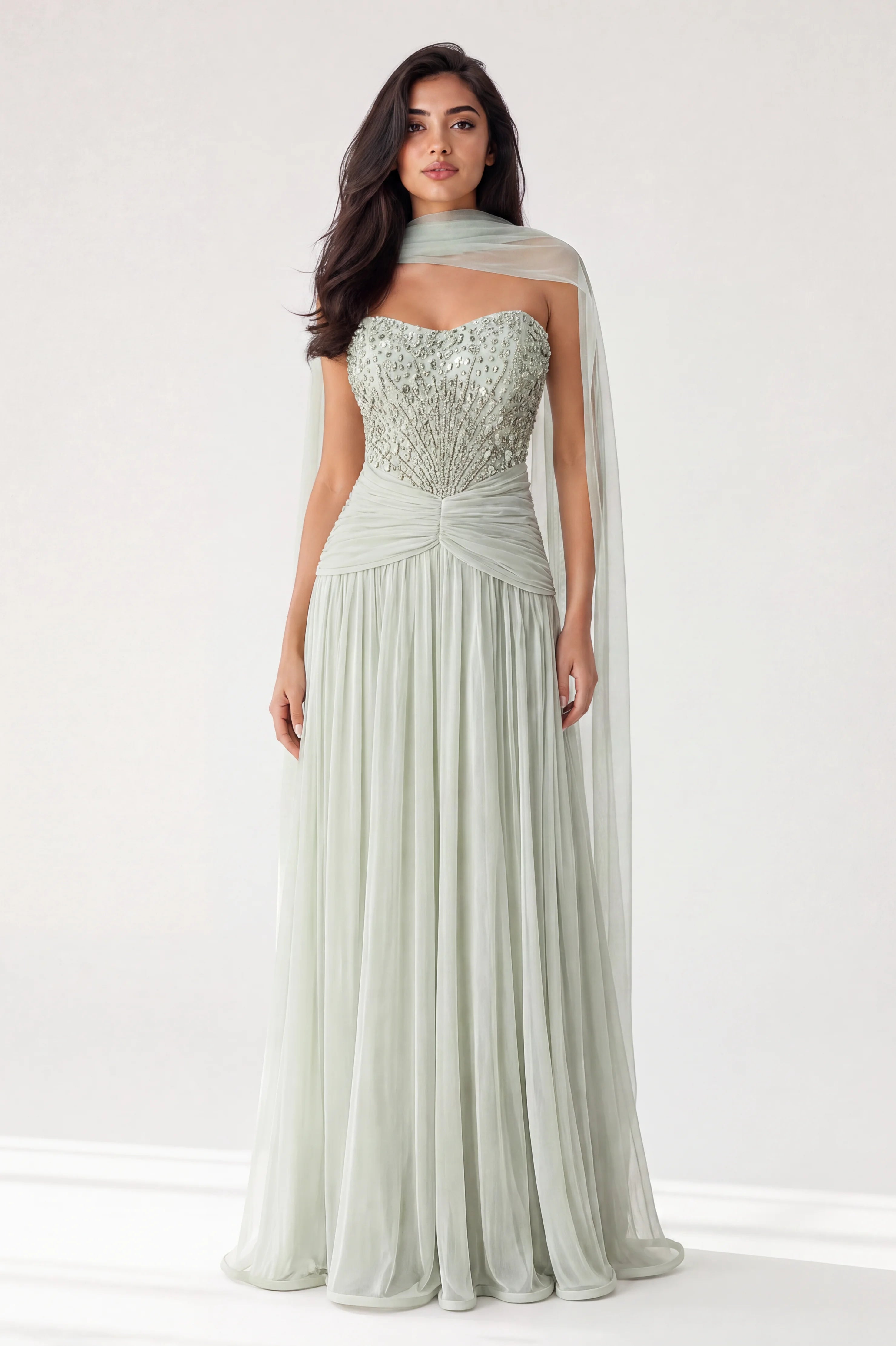 Beaded Strapless Gathered Waist Tulle Dress