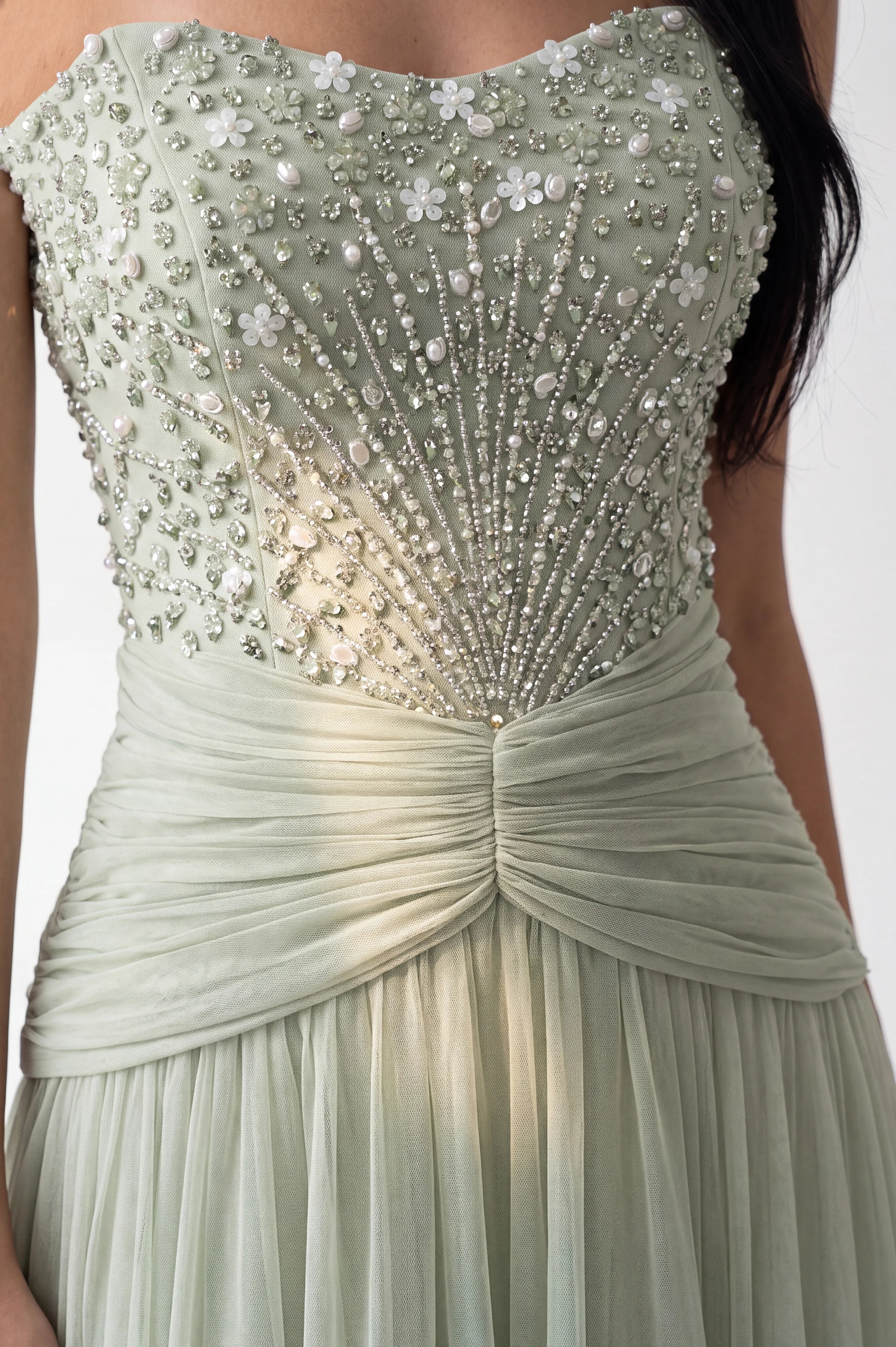 Beaded Strapless Gathered Waist Tulle Dress