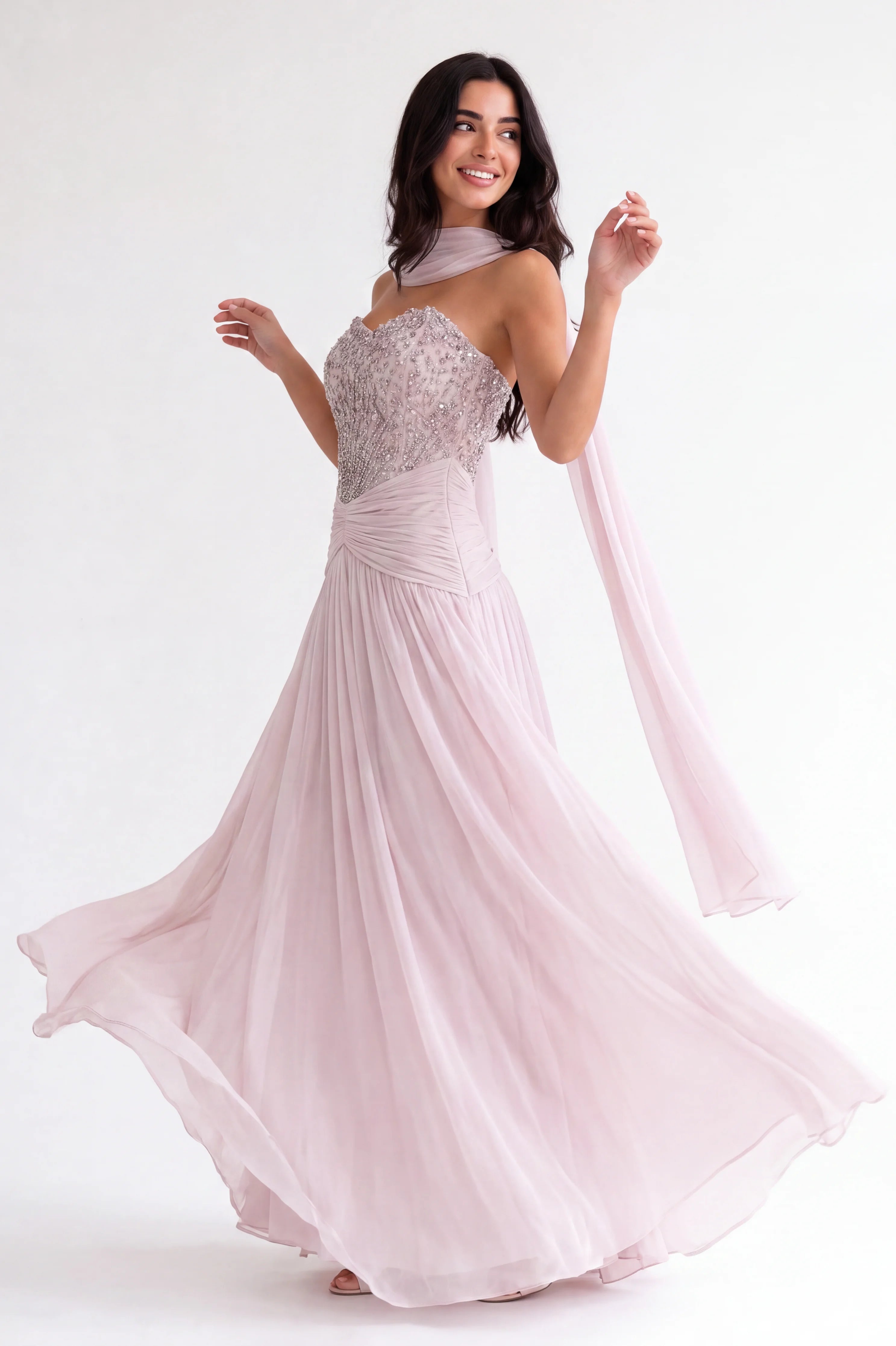 Beaded Strapless Gathered Waist Tulle Dress