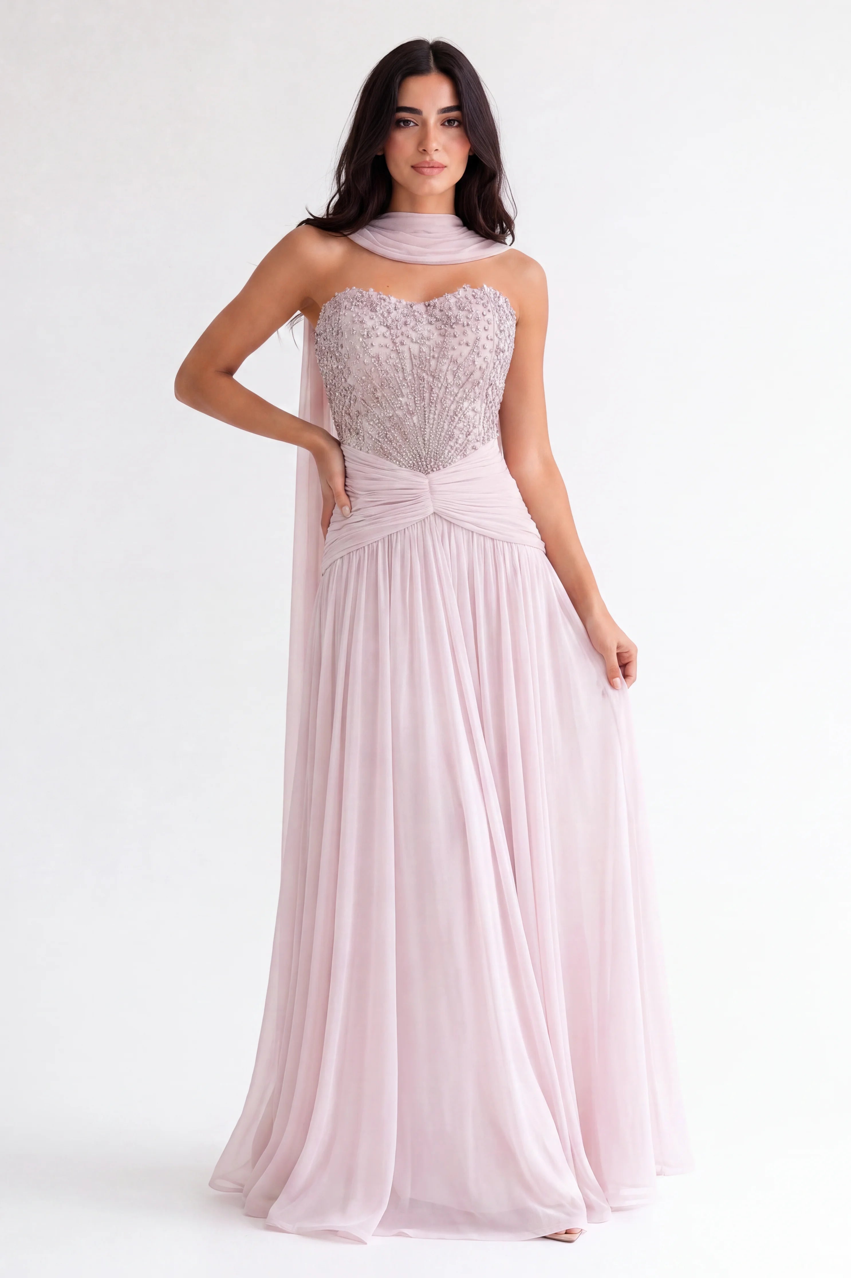 Beaded Strapless Gathered Waist Tulle Dress