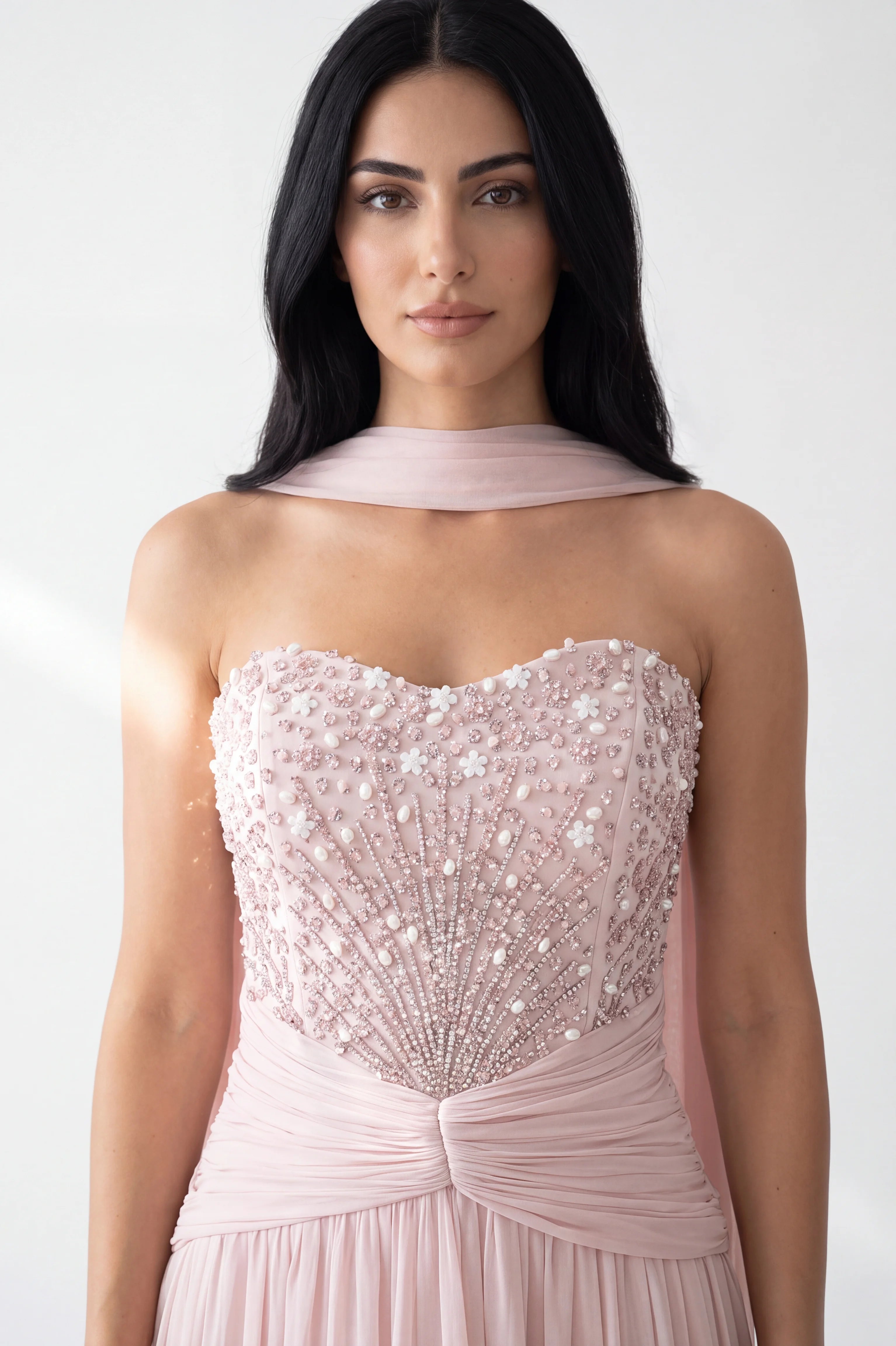 Beaded Strapless Gathered Waist Tulle Dress