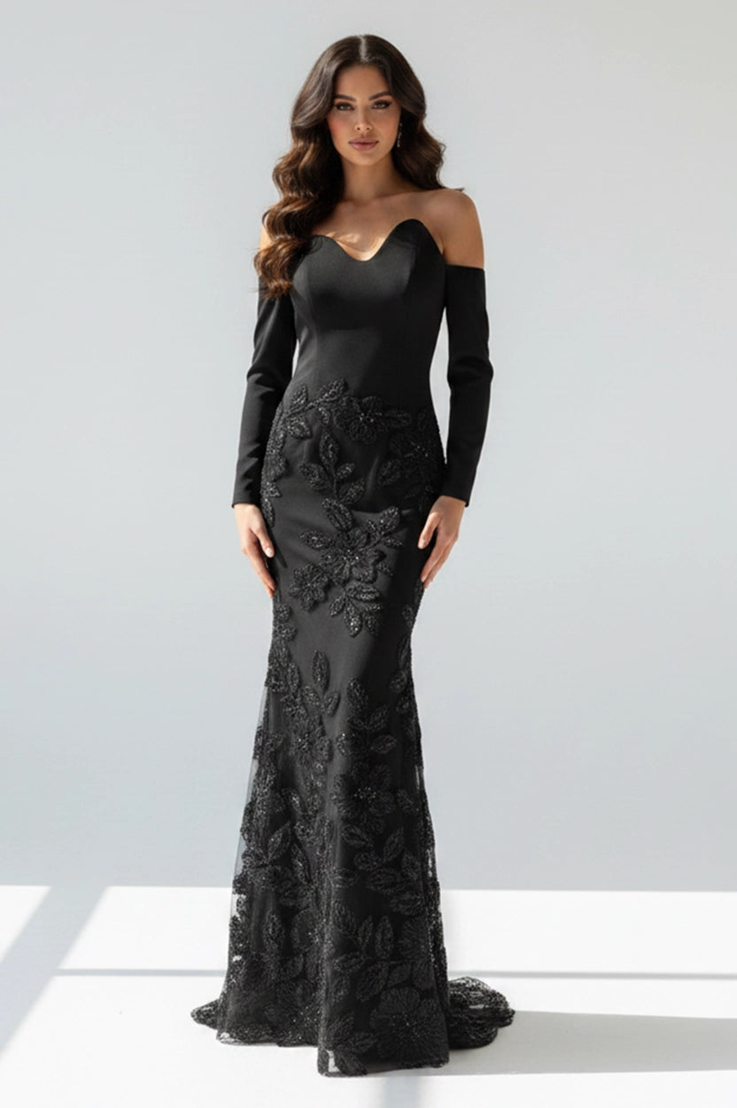 Sweetheart Neckline Beaded Floral Crepe