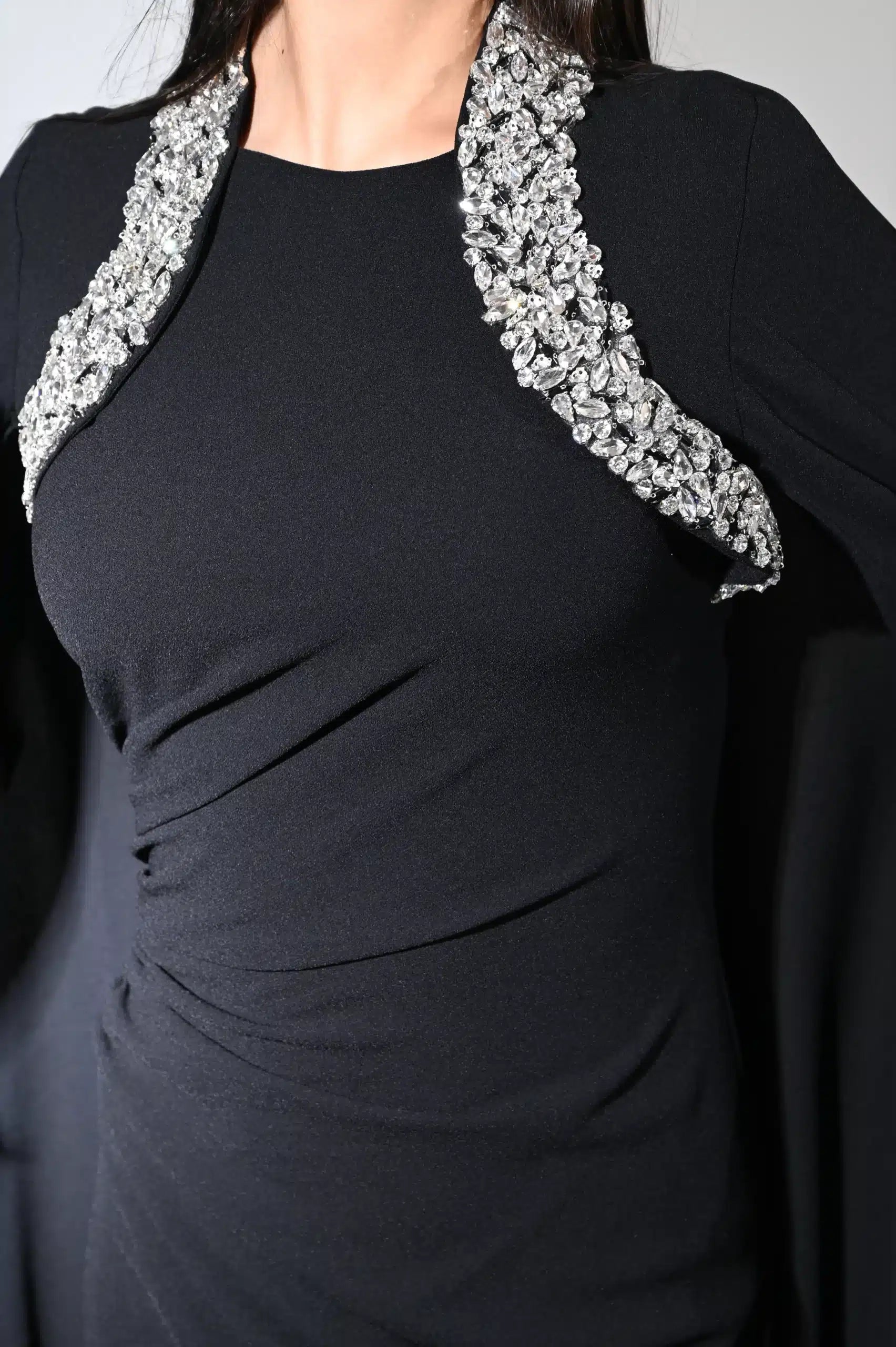 Cape Shoulder Crystal Detail Crepe Dress