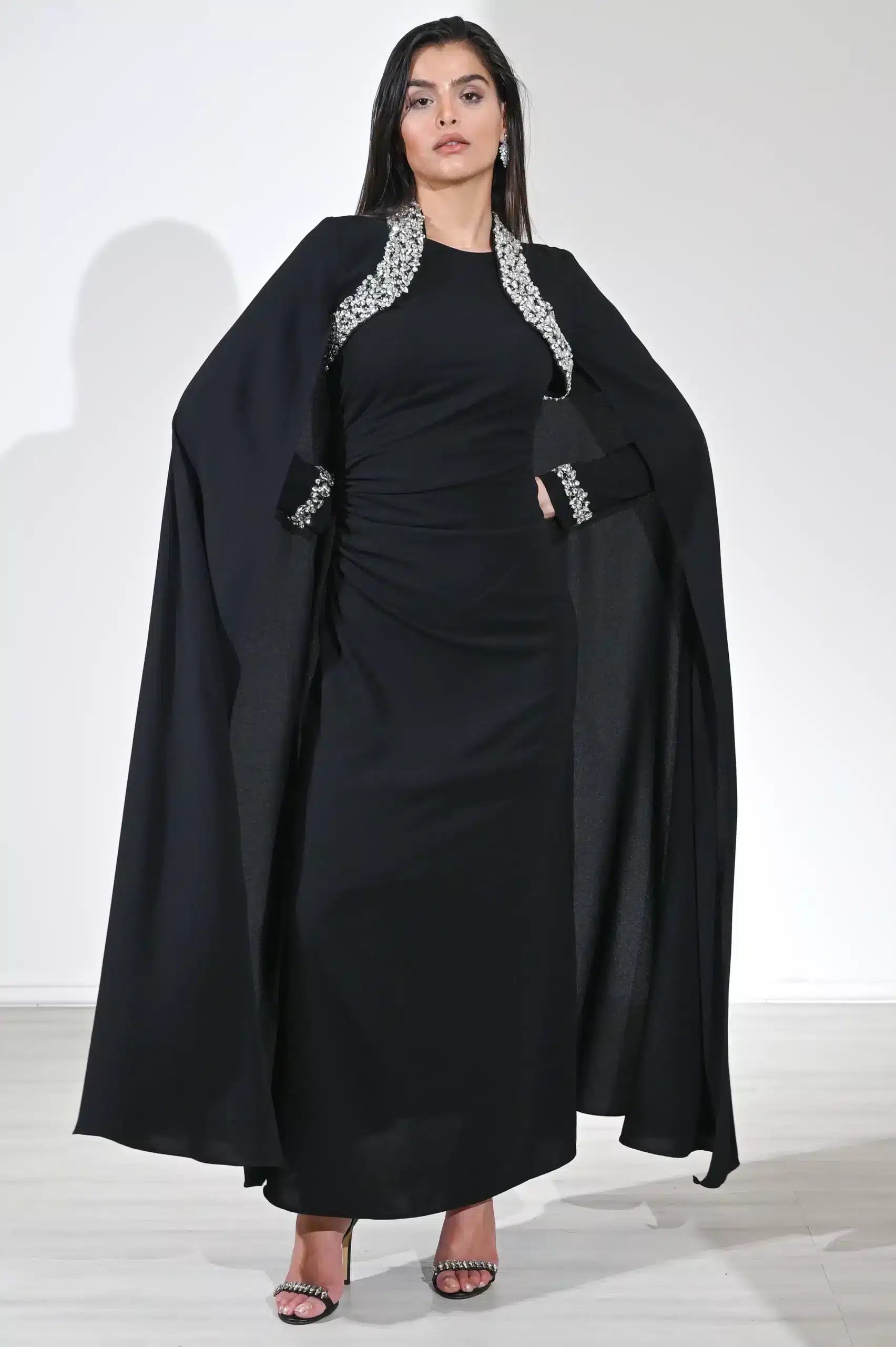 Cape Shoulder Crystal Detail Crepe Dress