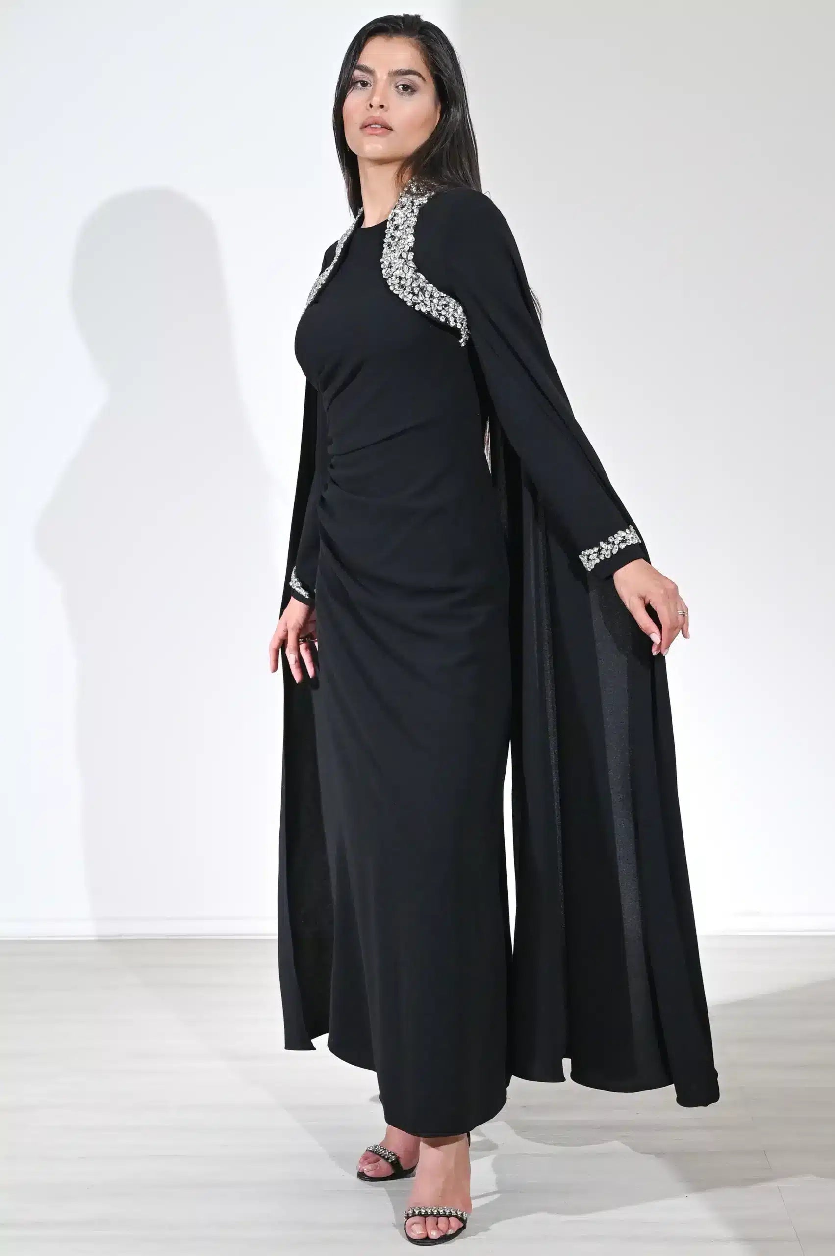 Cape Shoulder Crystal Detail Crepe Dress