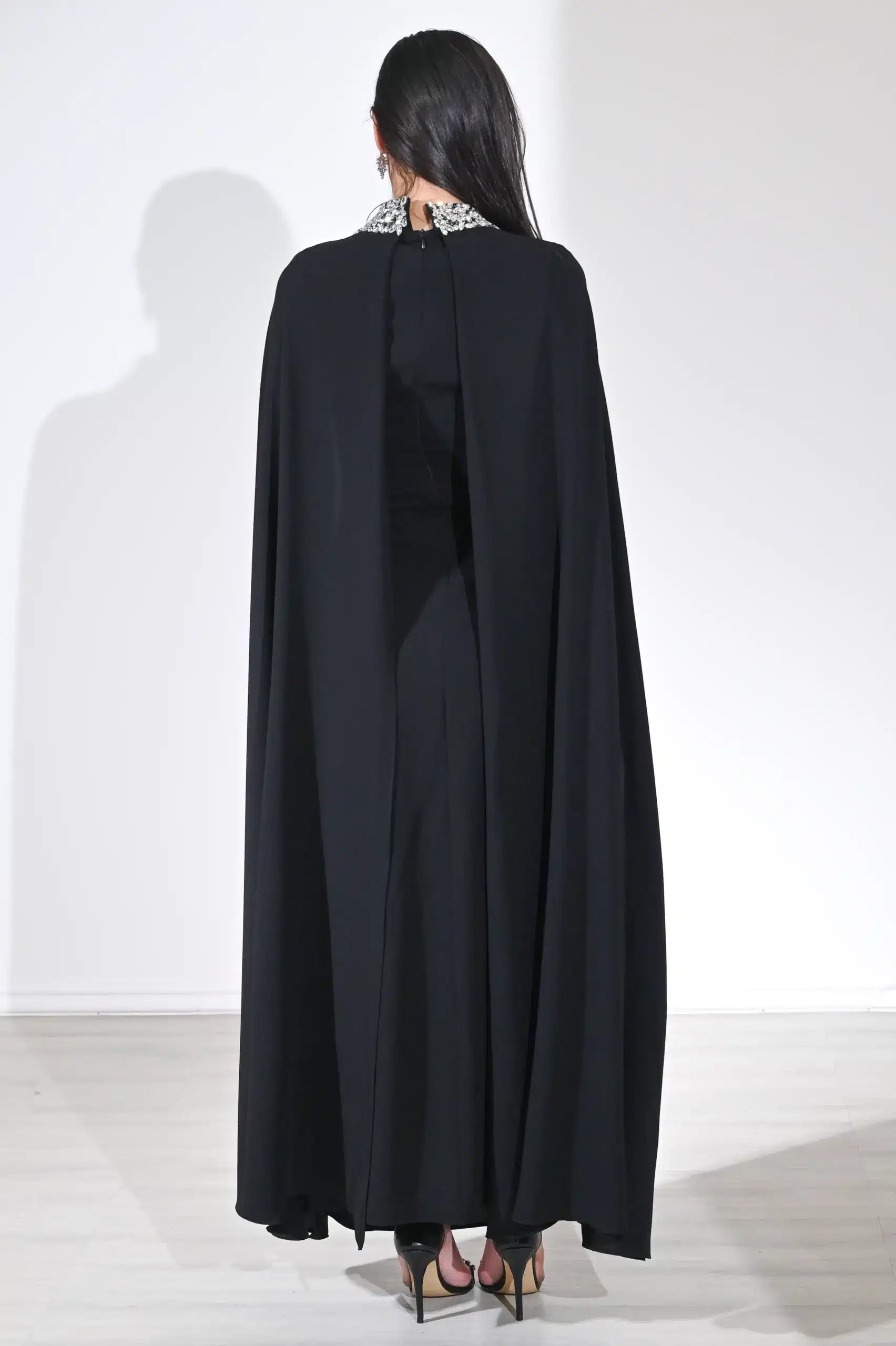 Cape Shoulder Crystal Detail Crepe Dress