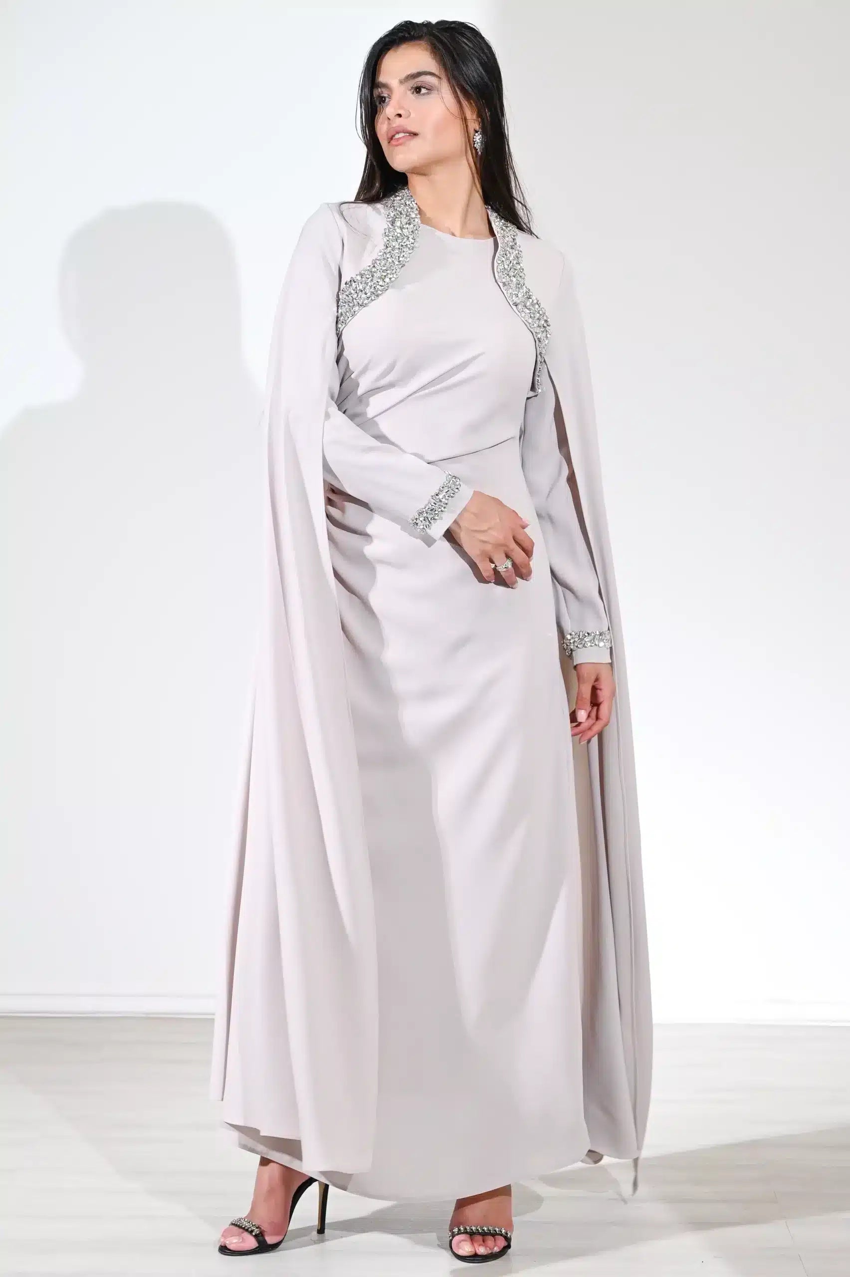 Cape Shoulder Crystal Detail Crepe Dress