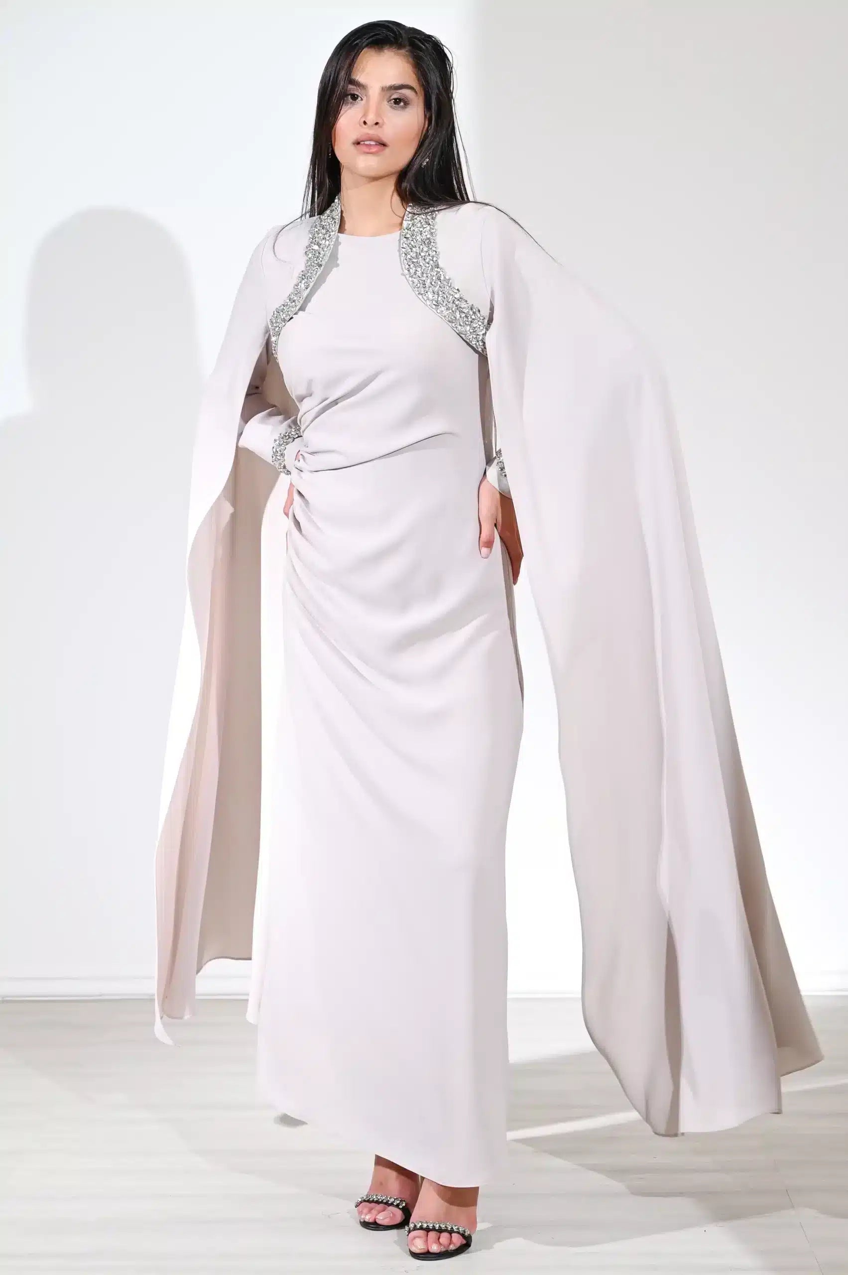 Cape Shoulder Crystal Detail Crepe Dress