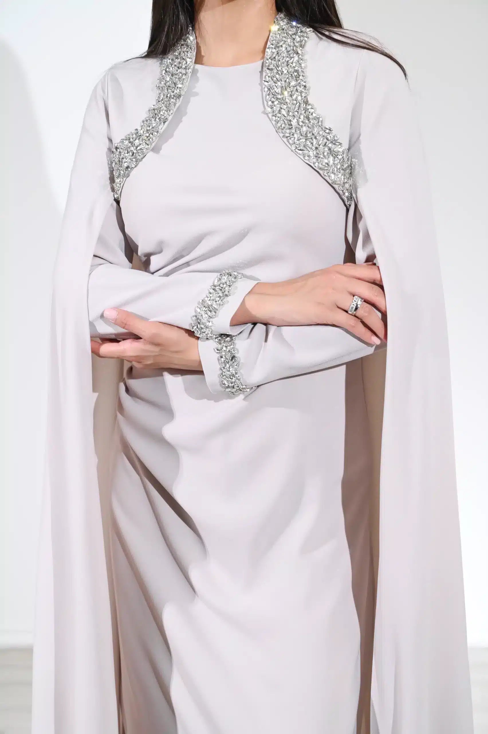 Cape Shoulder Crystal Detail Crepe Dress